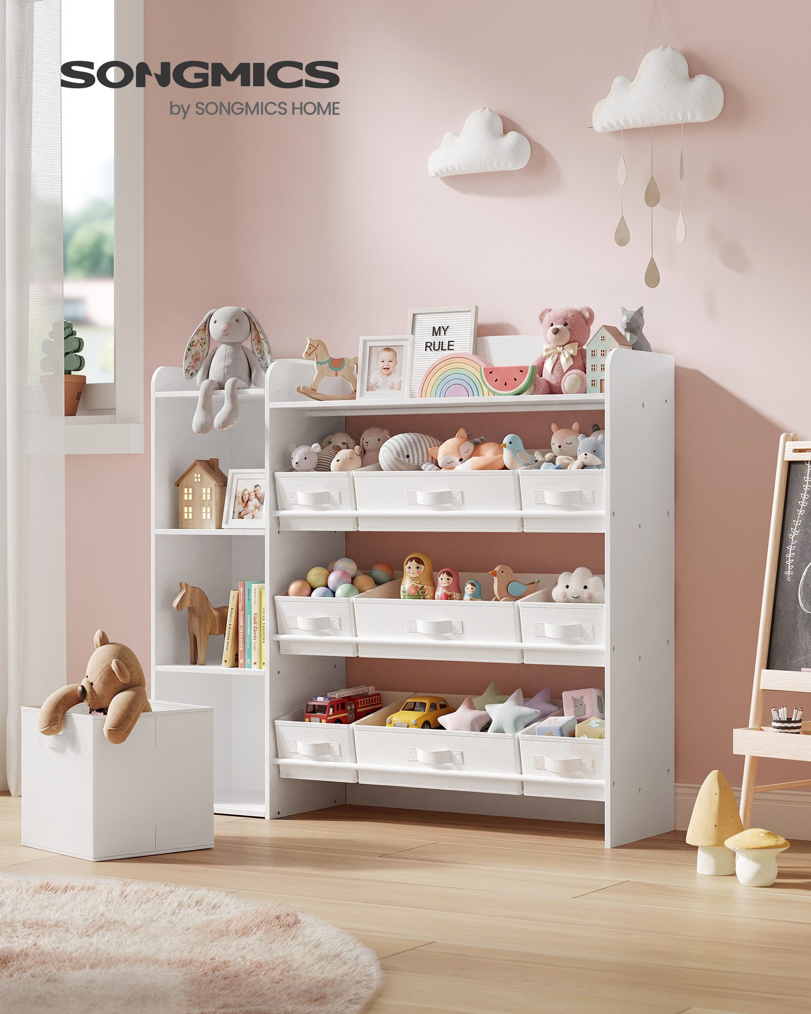 SONGMICS Spielzeugtruhe Kinderregal Bücherregal Kinder, 4 offene Fächer, 30 x 113,1 x 104 cm, Kinderzimmer, 9 mittlere und 1 seitliche Boxen – Bild 5 von 5