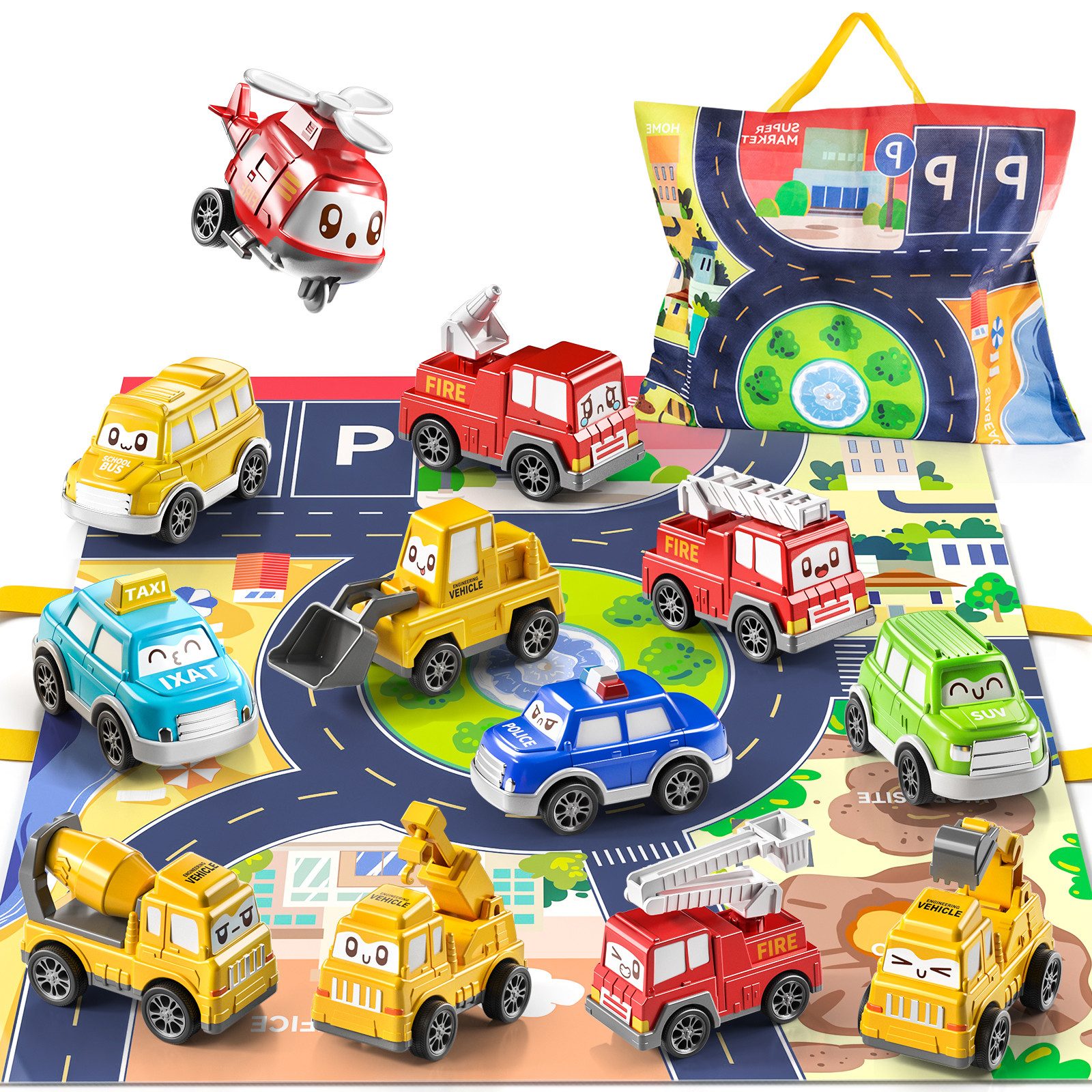 TEMI Spielzeug-Auto Auto Spielzeug Fahrzeugspielset mit Spielmatte & Aufbewahrungstasche, (Set, 1-tlg., 12 Mini Auto, 1 Spielmatte), Pull-Back Fahrzeug Spielset Geschenk für Kinder