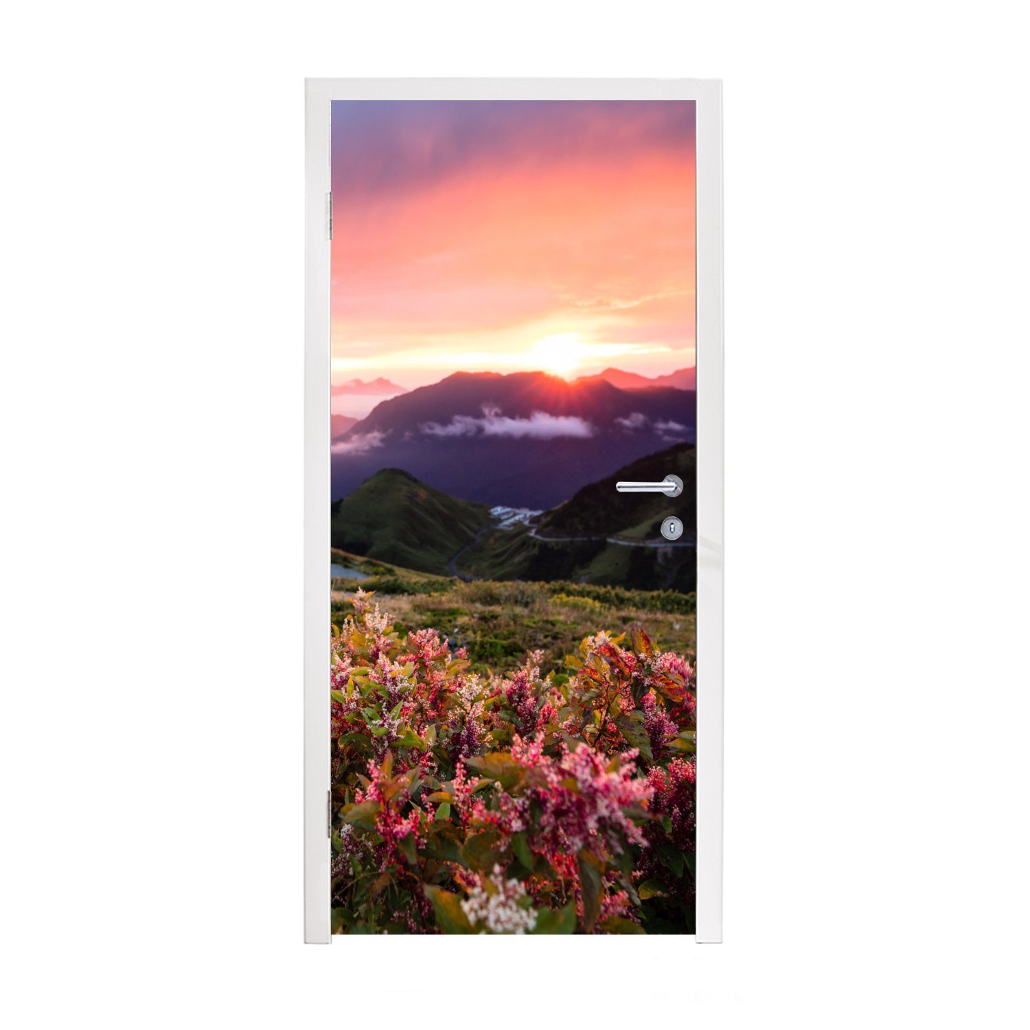 solange der Artikel vorrätig ist! MuchoWow Türtapete Matt, Himmel Türaufkleber, cm St), Landschaft Berge - Nacht (1 - Rosa, - - 75x205 für Blumen Fototapete - bedruckt, Tür