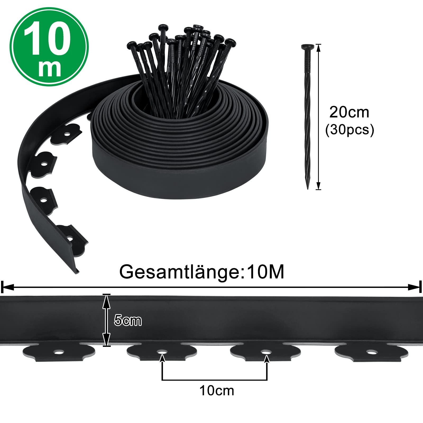 FIVMEN Rasenkante Rasenkante Kunststoff 10m Flexible Beetumrandung Wurzelsperre System, Schwarz/Hellgrau/Grün, Beeteinfassung blumenbeet Umrandung mit 30 Befestigungsnägeln