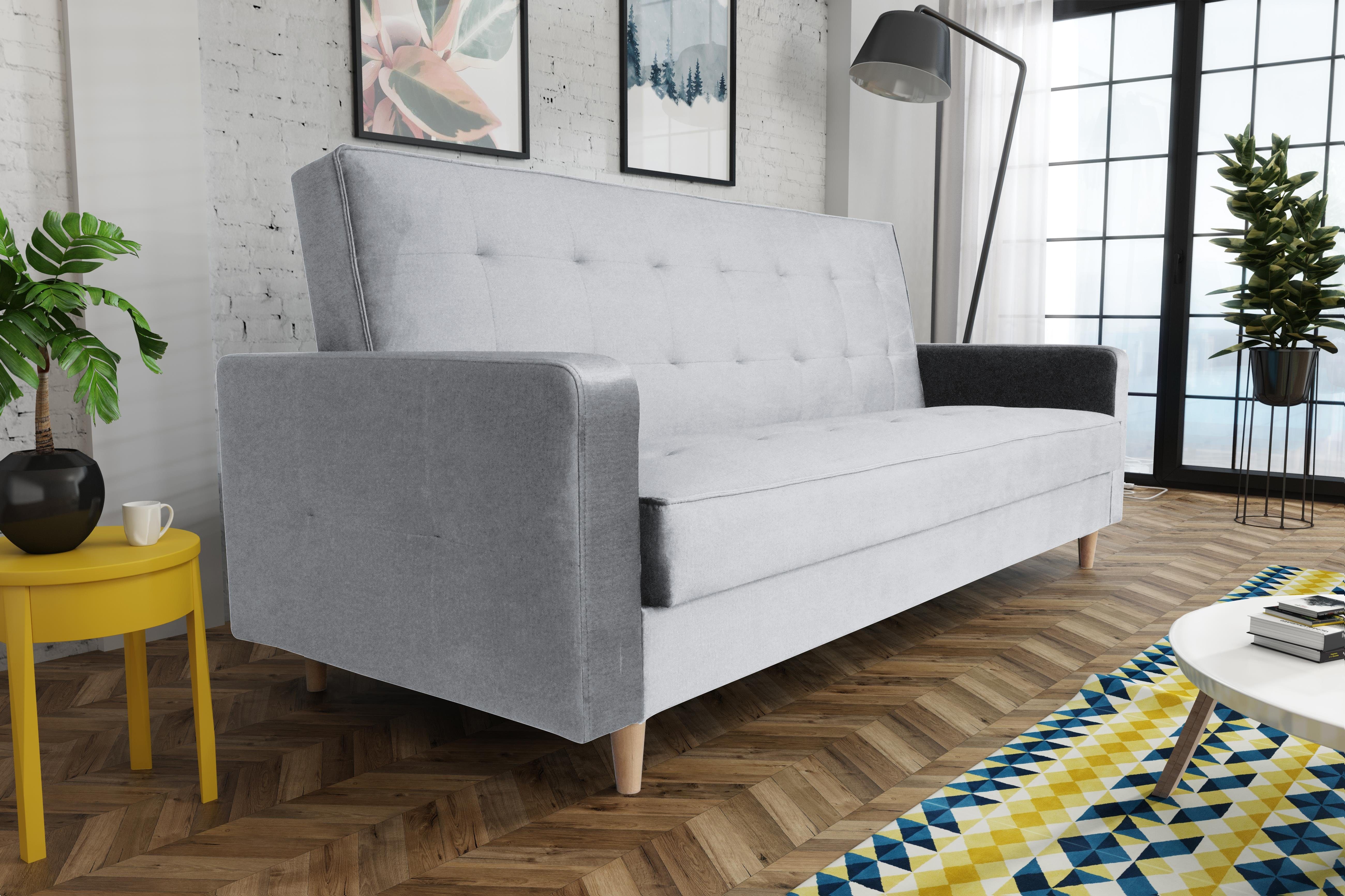 Beautysofa Schlafsofa Bamako, Sofa mit Schlaffunktion und Bettkasten, Polstersofa im skandinavischen Stil, Couch mit Holzbeine Grau (paros 05)