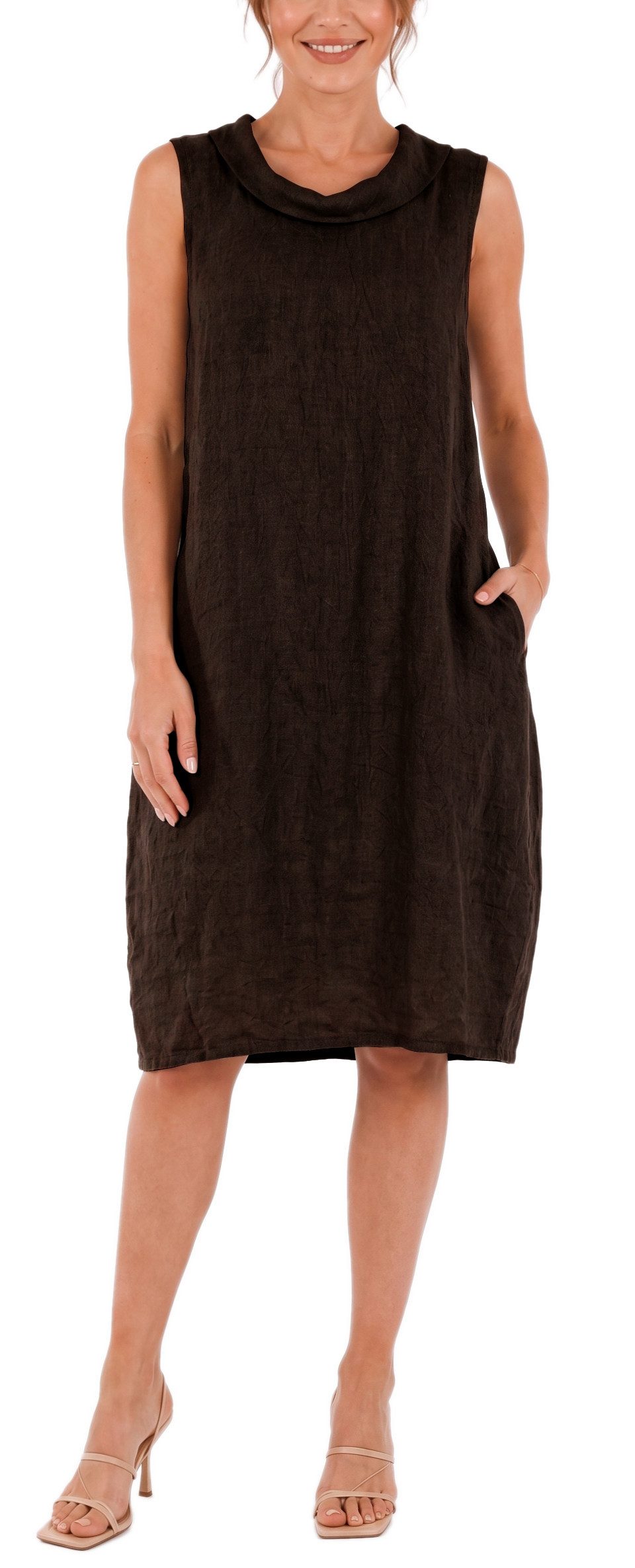 dy_mode Midikleid Damen Leinenkleid Luftiges Midi Sommerkleid Ballonkleid Strandkleid in Unifarbe, Wasserfallkragen, mit seitlichen Eingriffstaschen