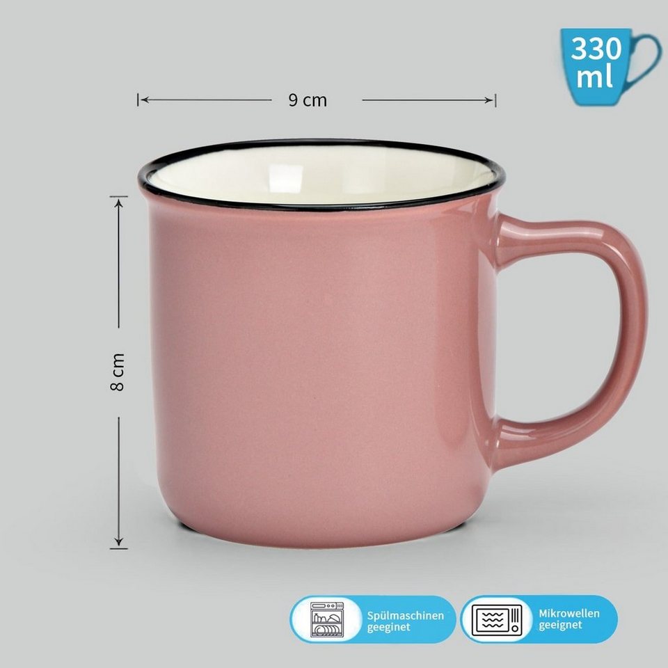 matches21 HOME & HOBBY Tasse Tassen Emailoptik uni pink rosa Porzellan 6er  12x8 cm 330 ml, Porzellan