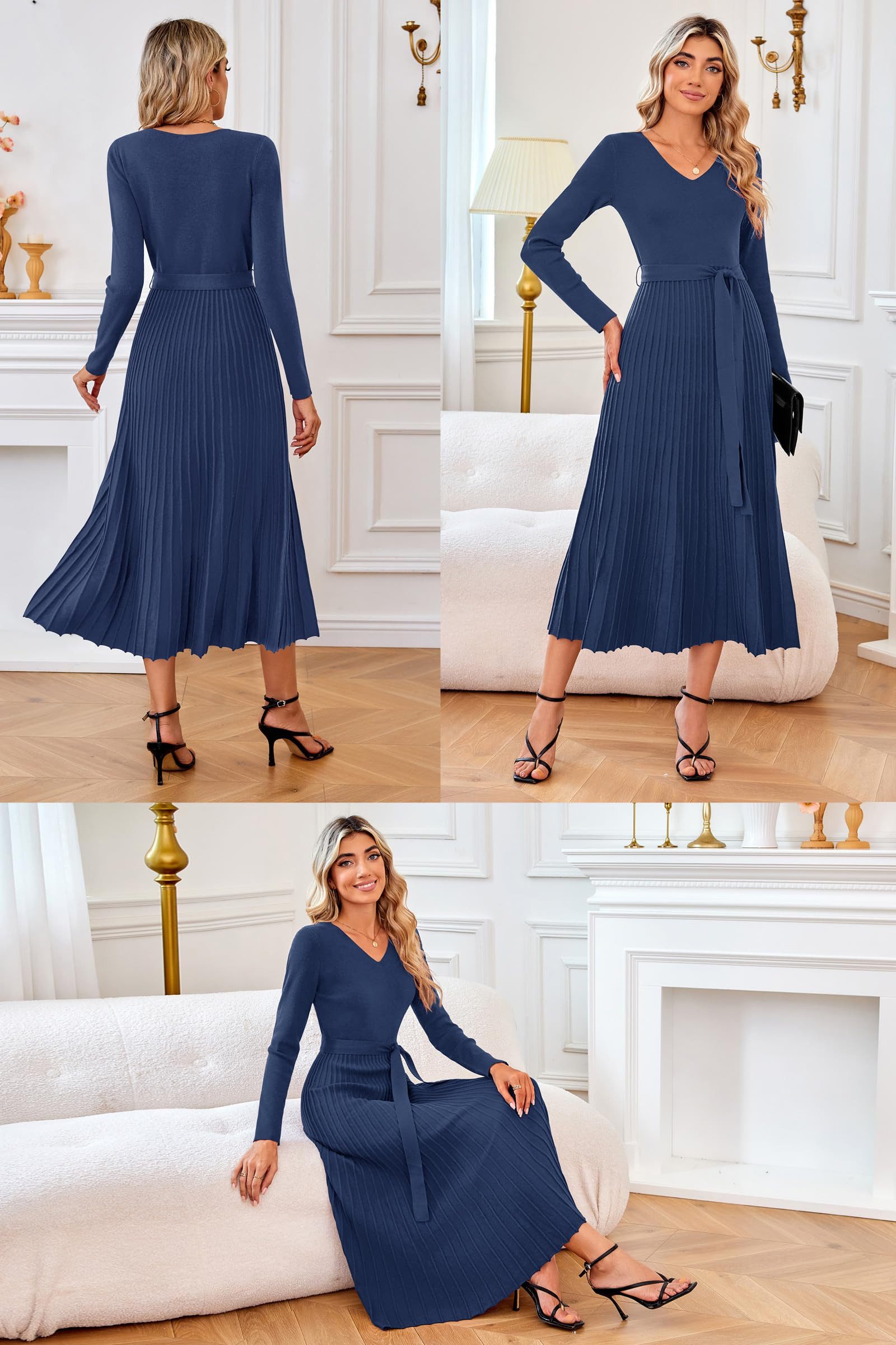 Arach&Cloz Strickkleid Damen Pulloverkleid Herbst Winterkleid Lang Plissee V-Ausschnitt Langarm Elegant Midi Kleider Winter