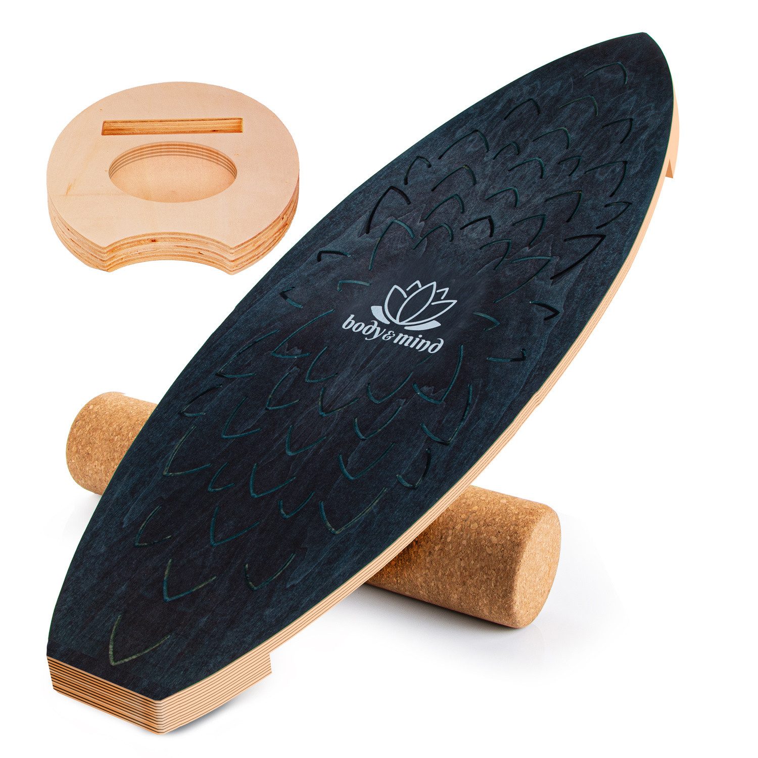 Body & Mind Balanceboard Surf Balance Board – Holz Wackelbrett mit Korkrolle + Ständer & E‑Book, Trainiert Gleichgewicht & Koordination