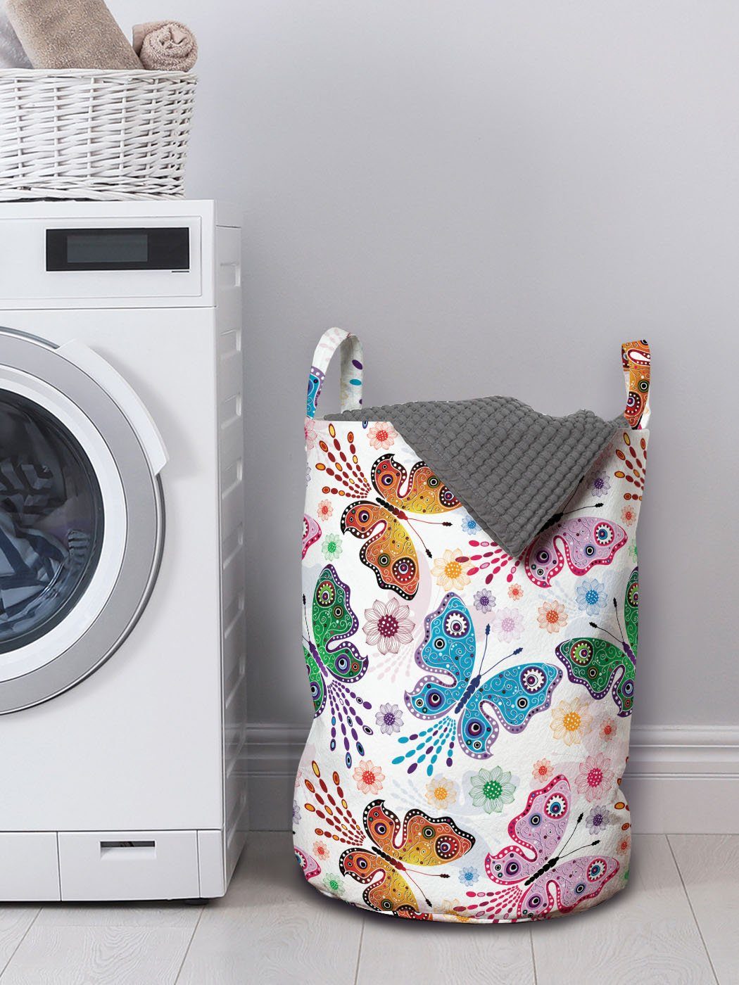 Abakuhaus Wäschesäckchen Wäschekorb mit Griffen ethnische Waschsalons, für Vibrierende Kordelzugverschluss Schmetterling Floral
