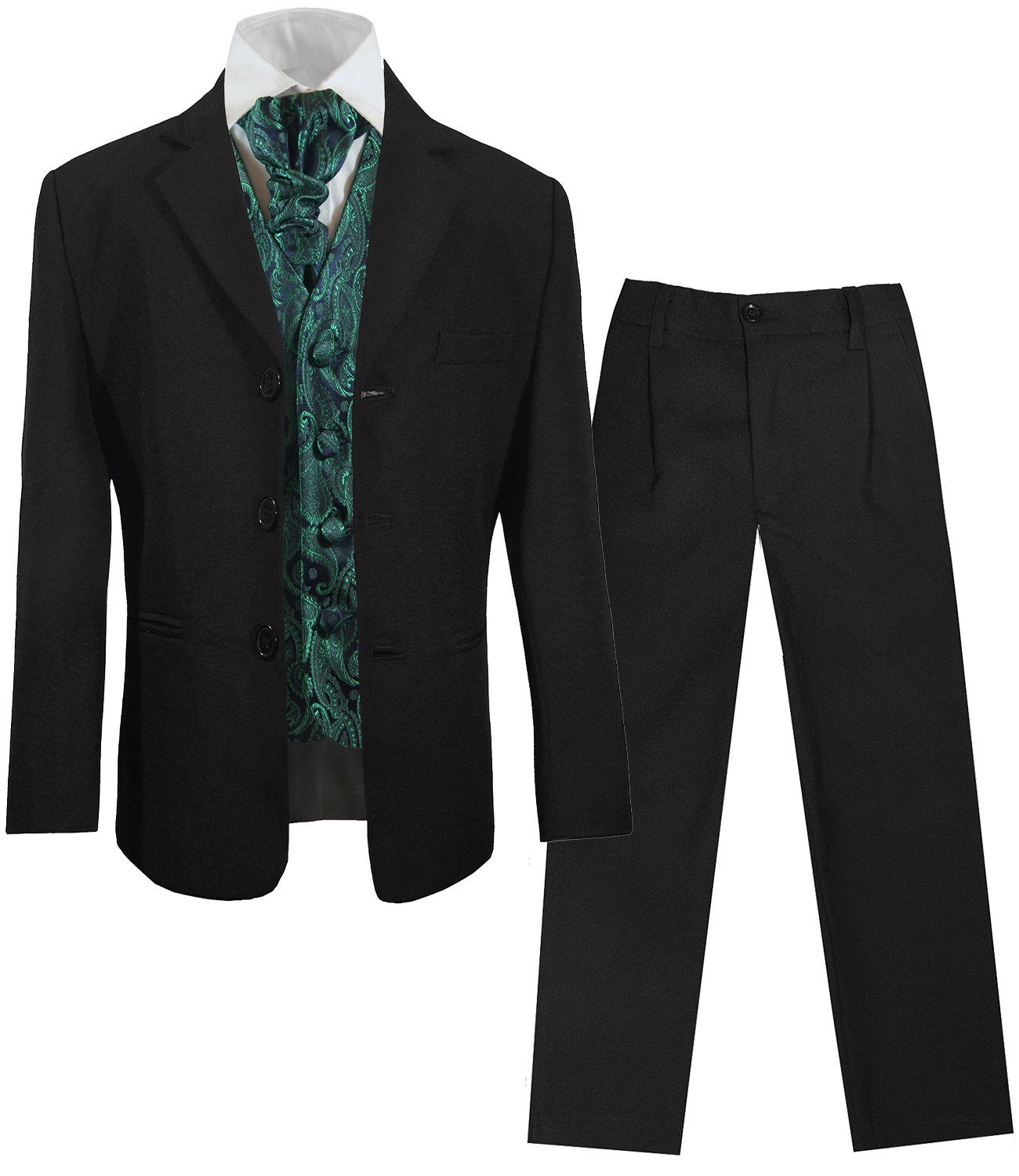 Paul Malone Kinderanzug 5-teilig Festlicher schwarzer Anzug für Jungen Kommunionanzug (Set, 5-tlg., mit Sakko, Hose, Hemd, Weste und Plastron) grün, KA20KV14-Plastron, 86/92 (1 Jahr)