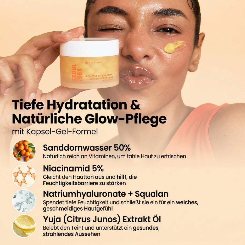 K-Secret Tagescreme Seoul 1988 Capsule Cream Niacinamide 5 % + Yuja 50 ml – Feuchtigkeitspflege mit Vitamin-C-Kapseln & Sanddornhydrolat –, Gelcreme für alle Hauttypen – Hautbild verfeinernd & antioxidativ