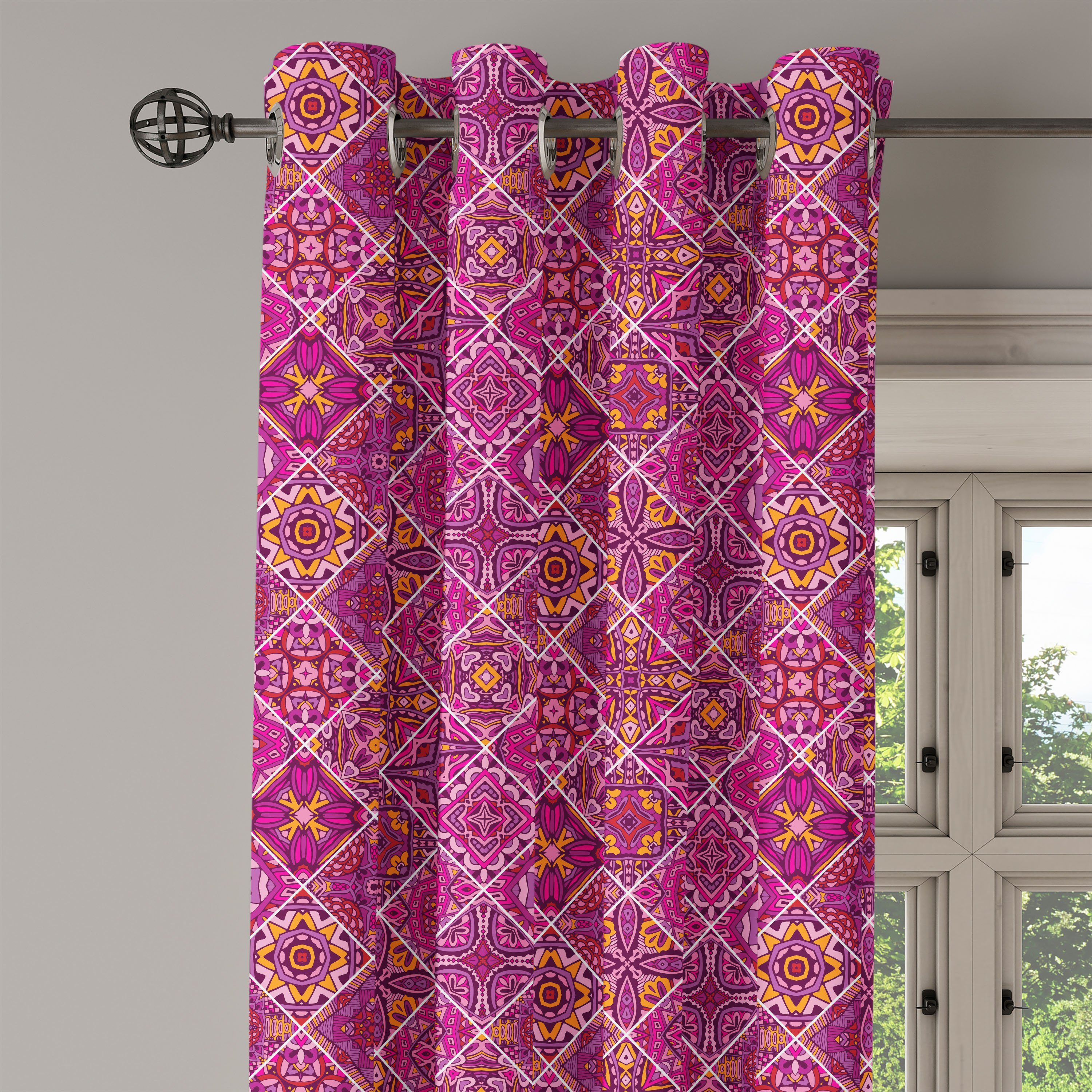 Gardine Dekorative kariertes für Schlafzimmer Rosa Wohnzimmer, marokkanisch 2-Panel-Fenstervorhänge Abakuhaus