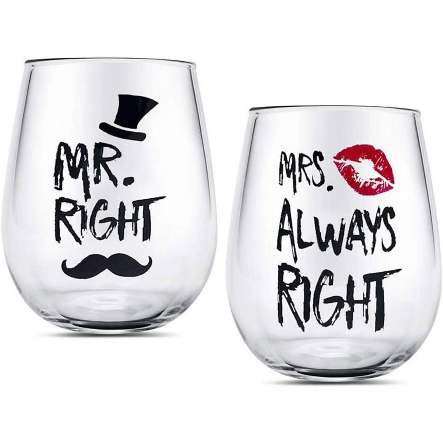 LuxusKollektion Weinglas Weingläser Set für Brautpaare Mr Right Mrs Always Right Hochzeit, Glas
