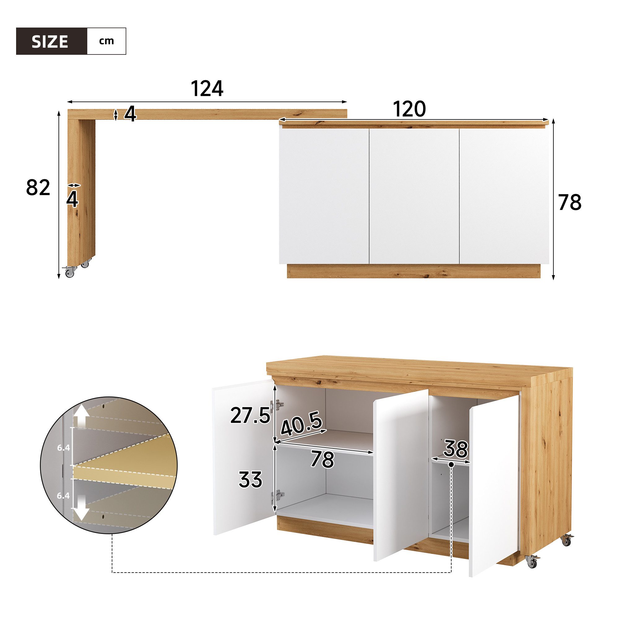 Flieks Schreibtisch 360° drehbar Tisch mit Rollen & Mehrzweckschrank mit 3 Türen (4 cm dickere Tischplatte, 1-St), beweglicher Eckschreibtisch Multifunktionssch – Bild 4 von 5
