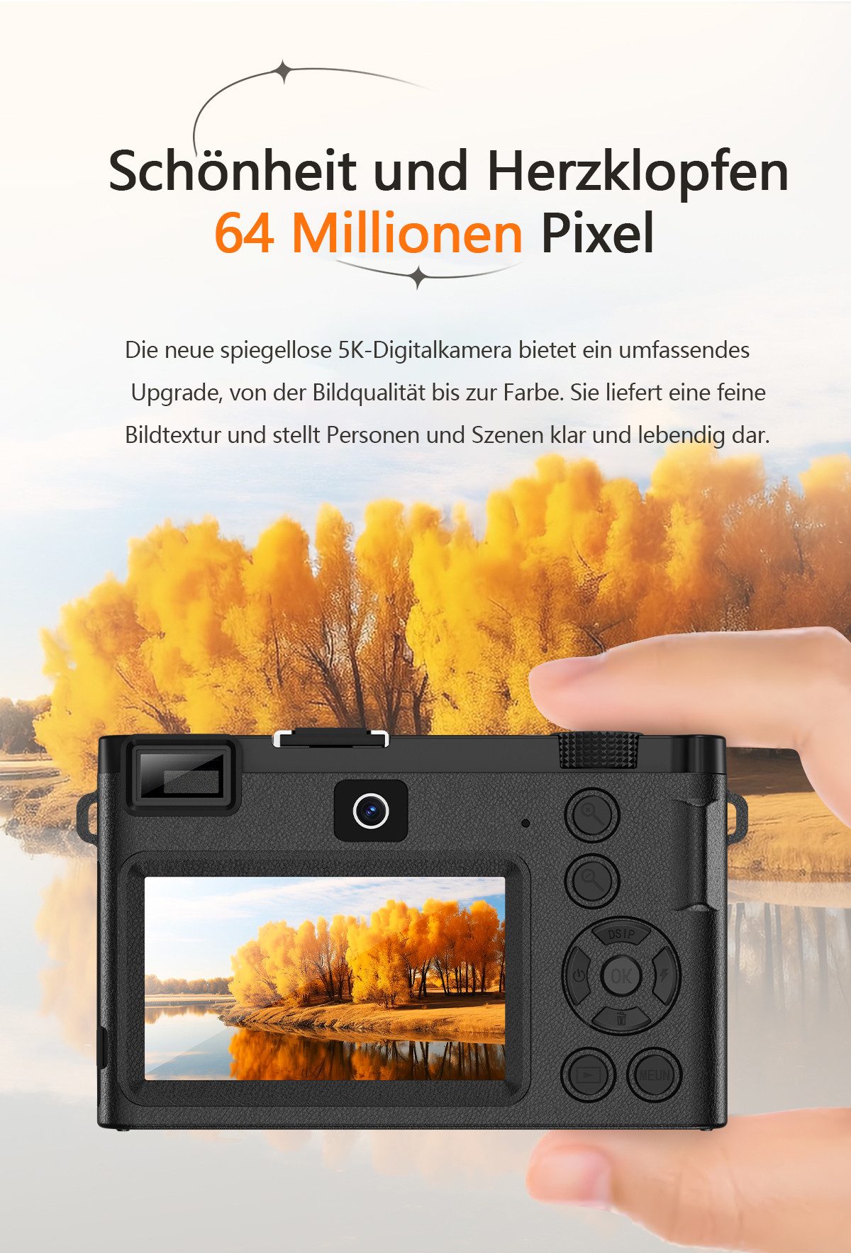 Tekoo Digitalkamera 5K 64MP, Vlogging Kamera, inkl. 64GB Micro-SD, Schwarz Kompaktkamera (Hinteres Hauptobjektiv, Vorderes Selfie-Objektiv, 64 MP, 1x opt. Zoom, WLAN (WiFi), inkl. Inklusive 64GB Micro-SD-Karte, USB-C Kabel und Kartenleser, WiFi-Konnektivität mit App-Steuerung)