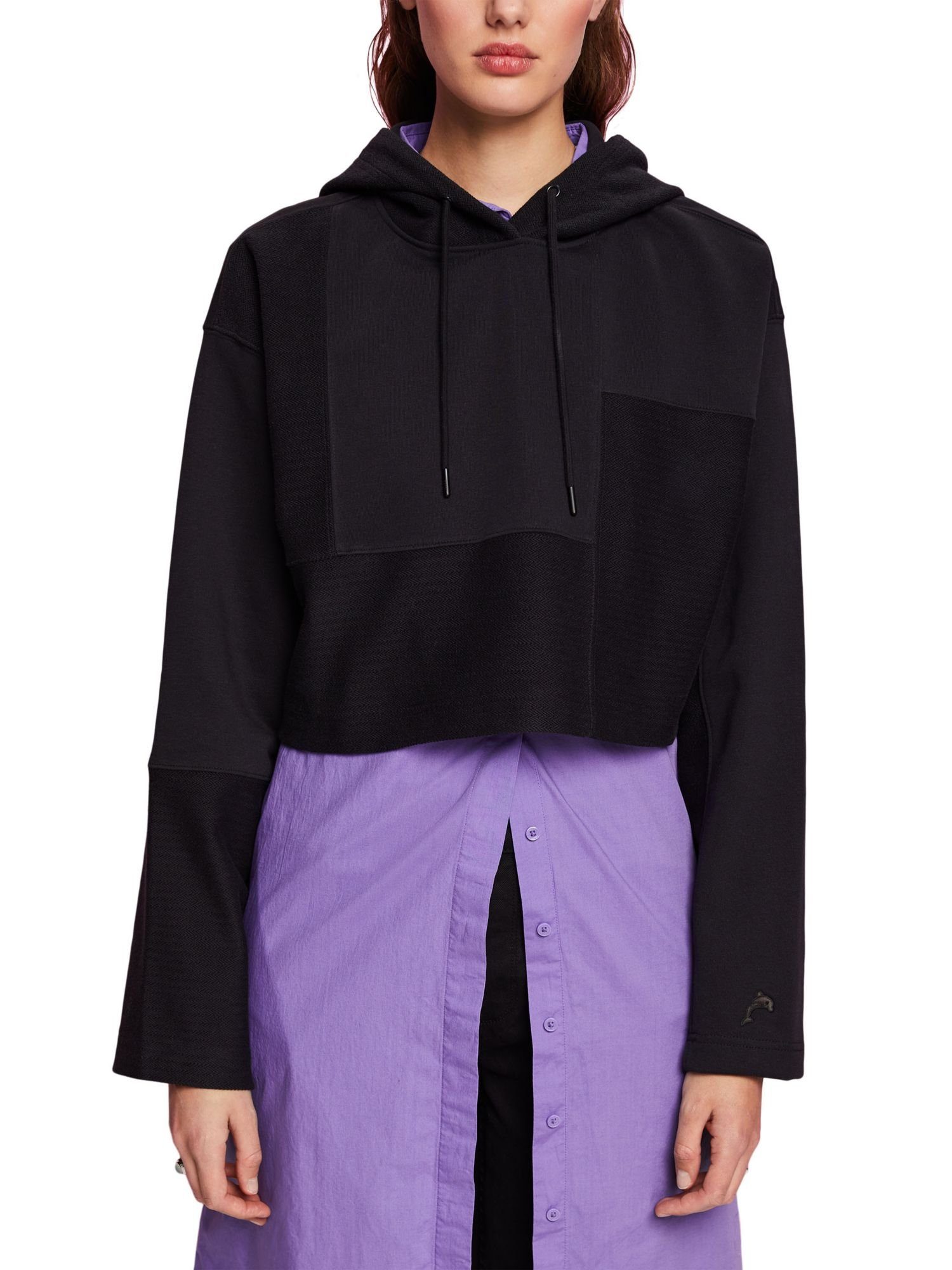 Esprit Collection Cropped-Hoodie in BLACK Patchworkoptik Kapuzensweatshirt