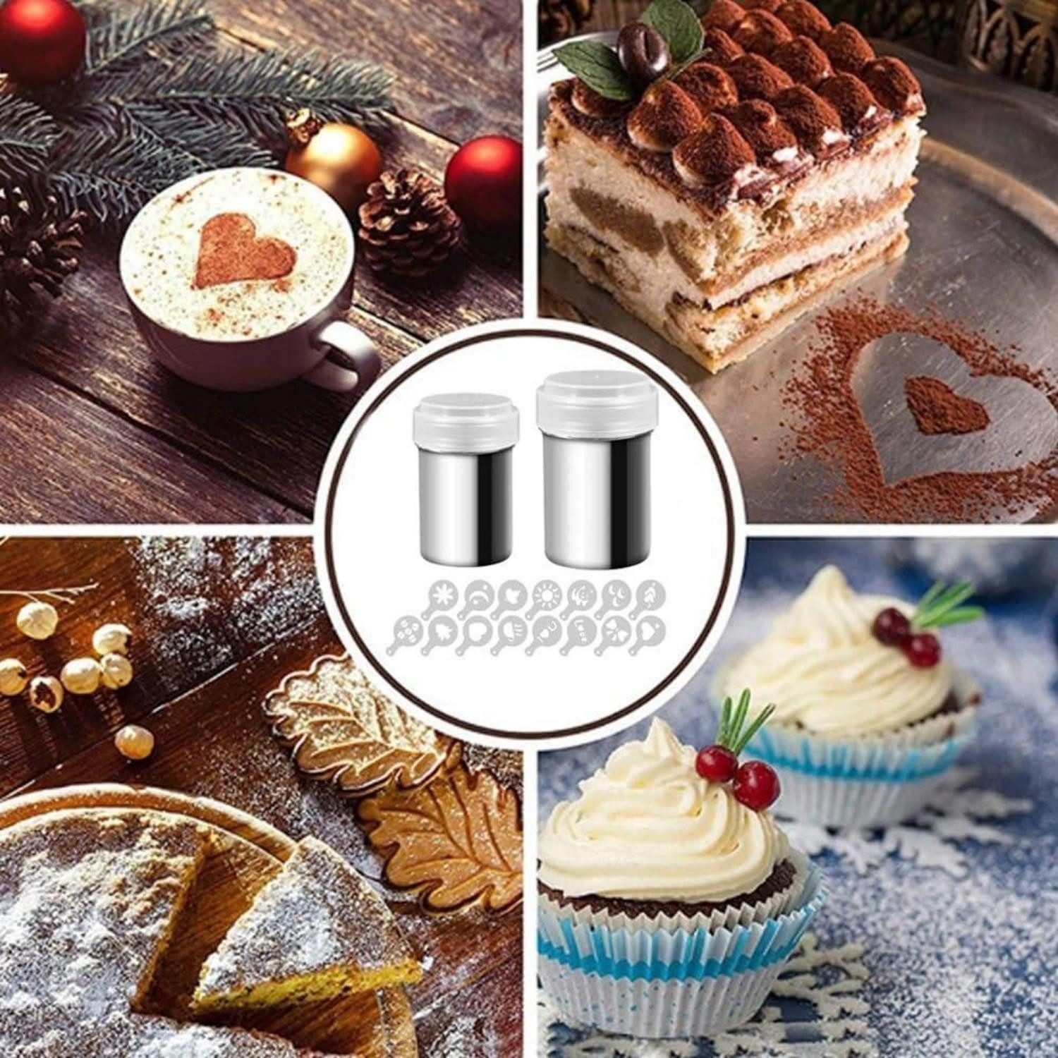 LuxusKollektion Puderzuckerstreuer Puderzuckerstreuer Kakaostreuer Edelstahl Kaffeeschablonen 2 Packung