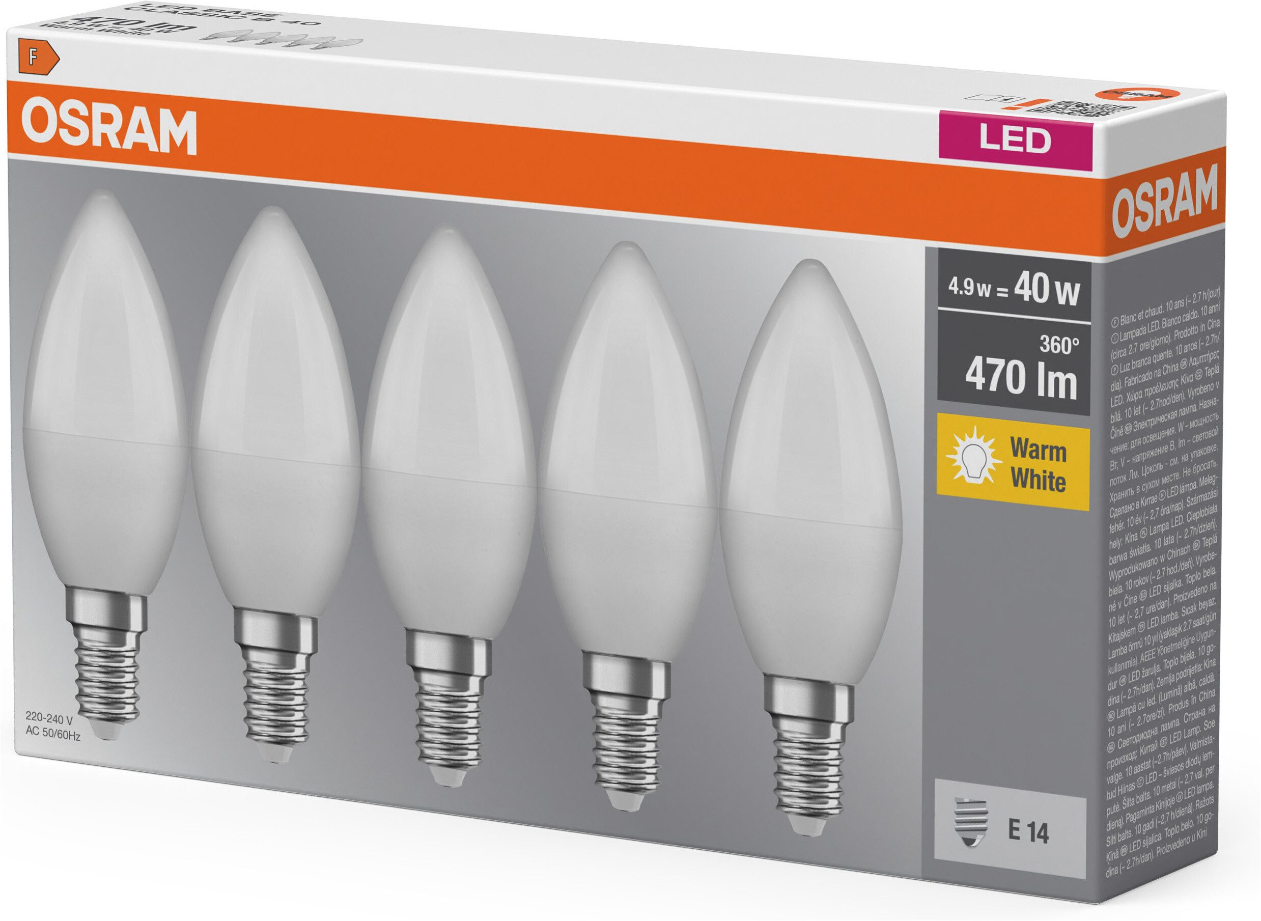 Osram LED-Leuchtmittel LED BASE Classic B40, Filament, E14, 5 St., Warmweiß