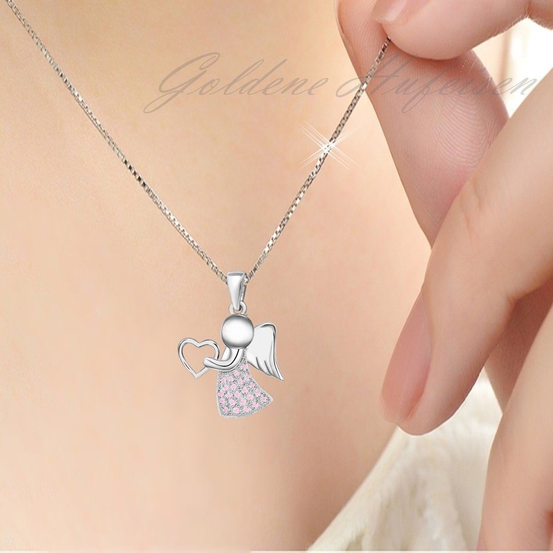 Goldene Hufeisen Engelanhänger Schutzengel Herz Zirkonia Anhänger mit Kette 925 Silber Engelkette (Halskette Set, inkl. Geschenkbox), Schmuck Geschenk, mit Zirkonia Steine