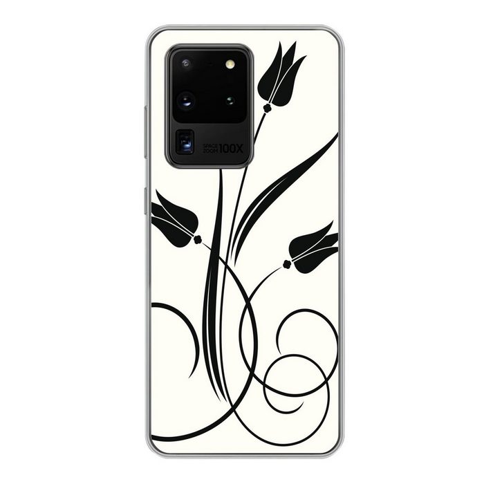 MuchoWow Handyhülle Eine Illustration von schwarzen Tulpen auf einem weißen Hintergrund Phone Case Handyhülle Samsung Galaxy S20 Ultra Silikon Schutzhülle
