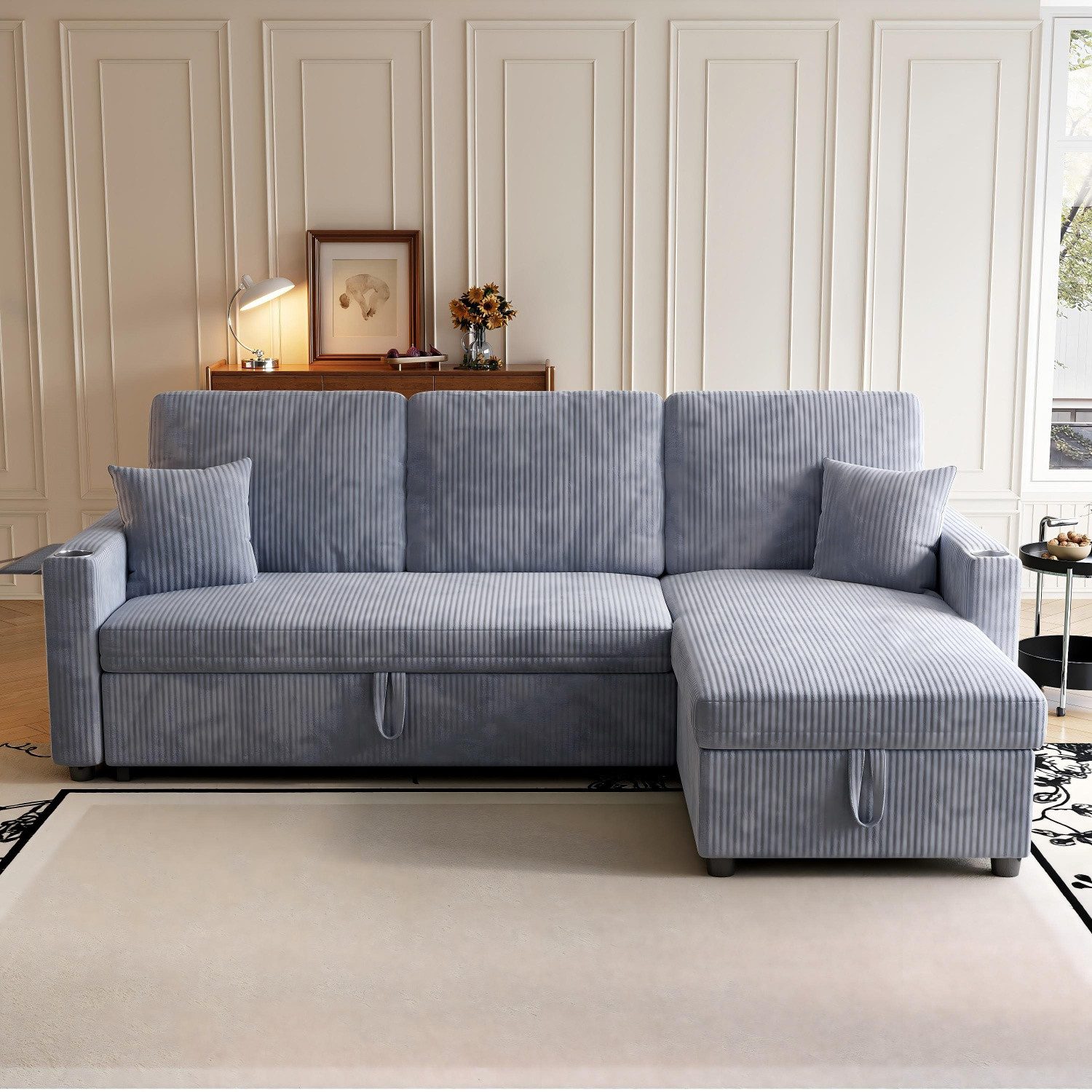 ANYSUN Ecksofa L Shape sofa Sofabetten,Mit Stauraum, Schlafsofa,mit Bettkasten und Schlaffunktion, Cordstoff, Schlafsofa,Chaiselongue,mit Taschen und Getränkehaltern,für Wohnzimmer