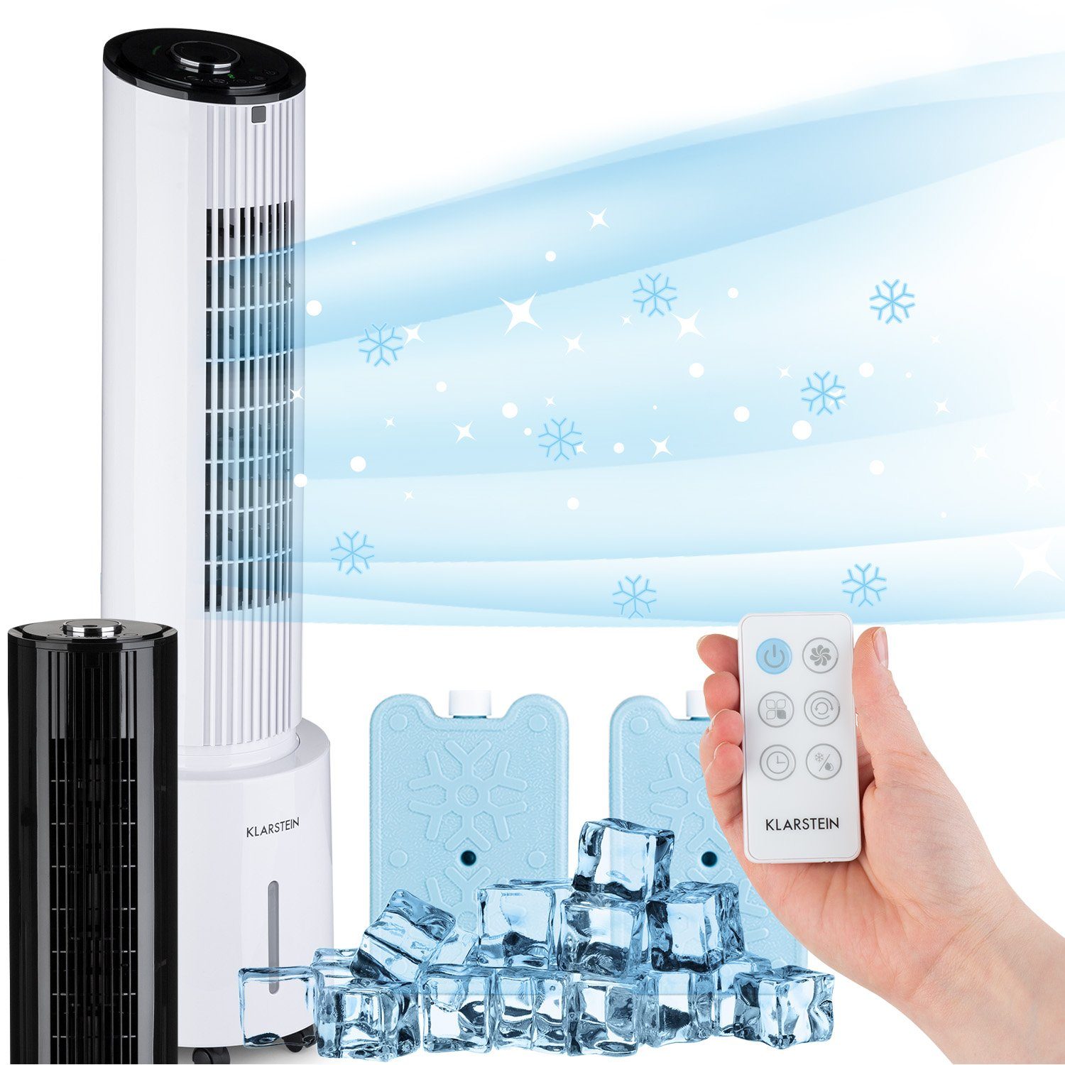 Klarstein Ventilatorkombigerät Waterfall Luftkühler, mit Wasserkühlung & Eis mobil Klimagerät ohne Abluftschlauch | Standventilatoren