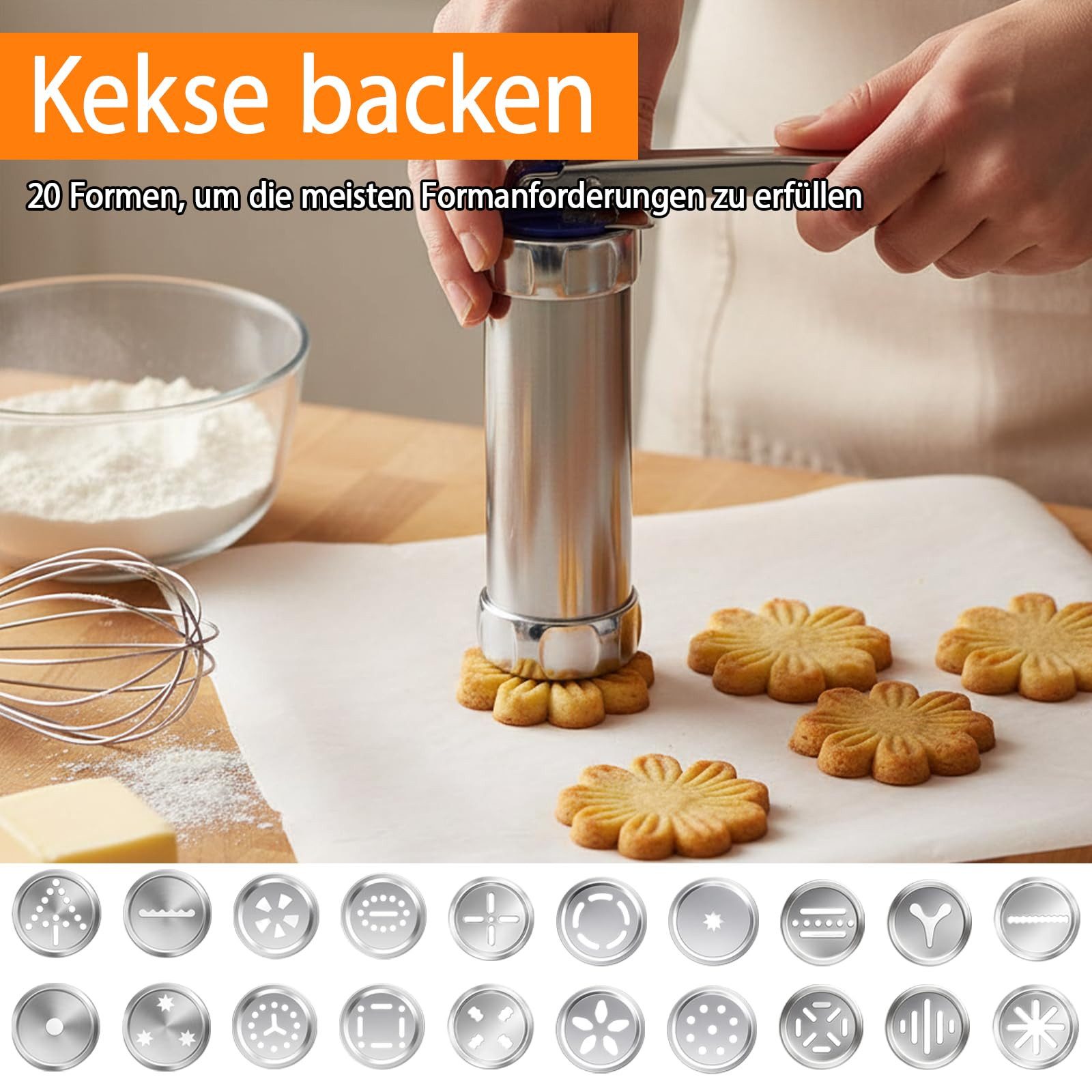 FOUORTUNATE-BEE Gebäckpresse Gebäckpresse Set mit 20 Scheiben & 8 Tüllen – Kekspresse, Keksmaschine für Plätzchen, Spritzgebäck & Dekoration – Bild 5 von 5
