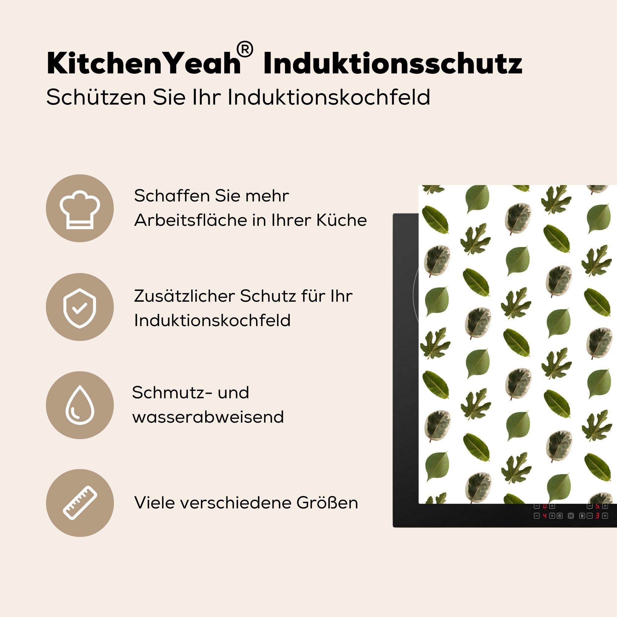 Herdblende-/Abdeckplatte Vinyl, Blätter Muster, - Natur 78x78 küche Ceranfeldabdeckung, Arbeitsplatte (1 cm, - für tlg), MuchoWow