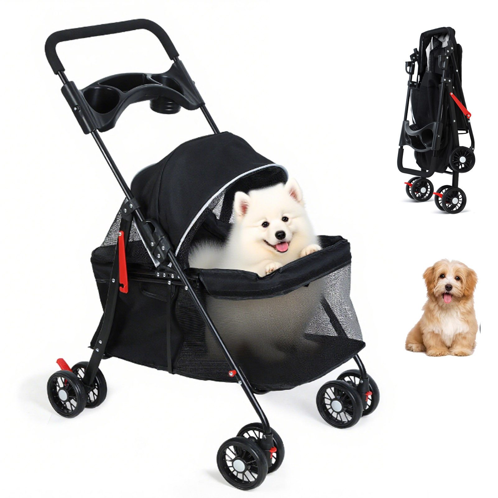 Rutaqian Hundebuggy Hundewagen, Faltbarer Hundetrolley mit Netzfenster und Becherhalter, Hundebuggy klappbar bis zu 10kg,Hunde & Katzen Katzenbuggy für Reisen
