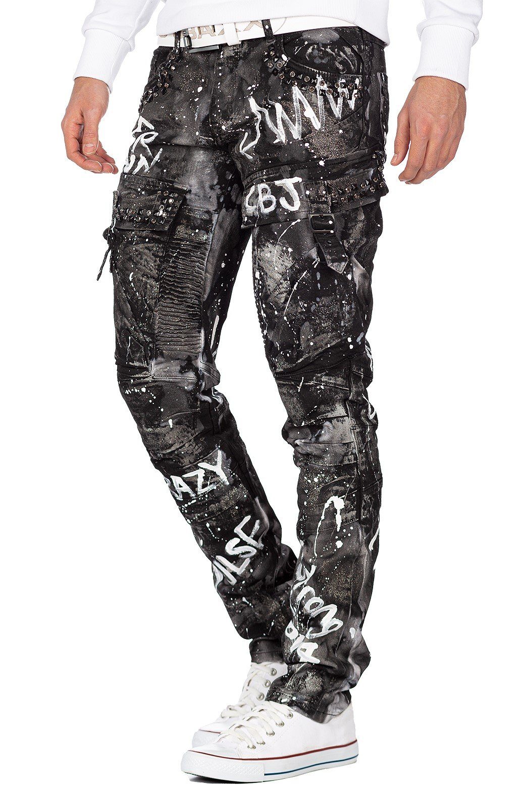 Cipo & Baxx Regular-fit-Jeans Herren Regular Fit Hose Glitzer BA-CD572 (1-tlg) Schwarz mit Glitzereffekt und Cargo – Bild 4 von 5