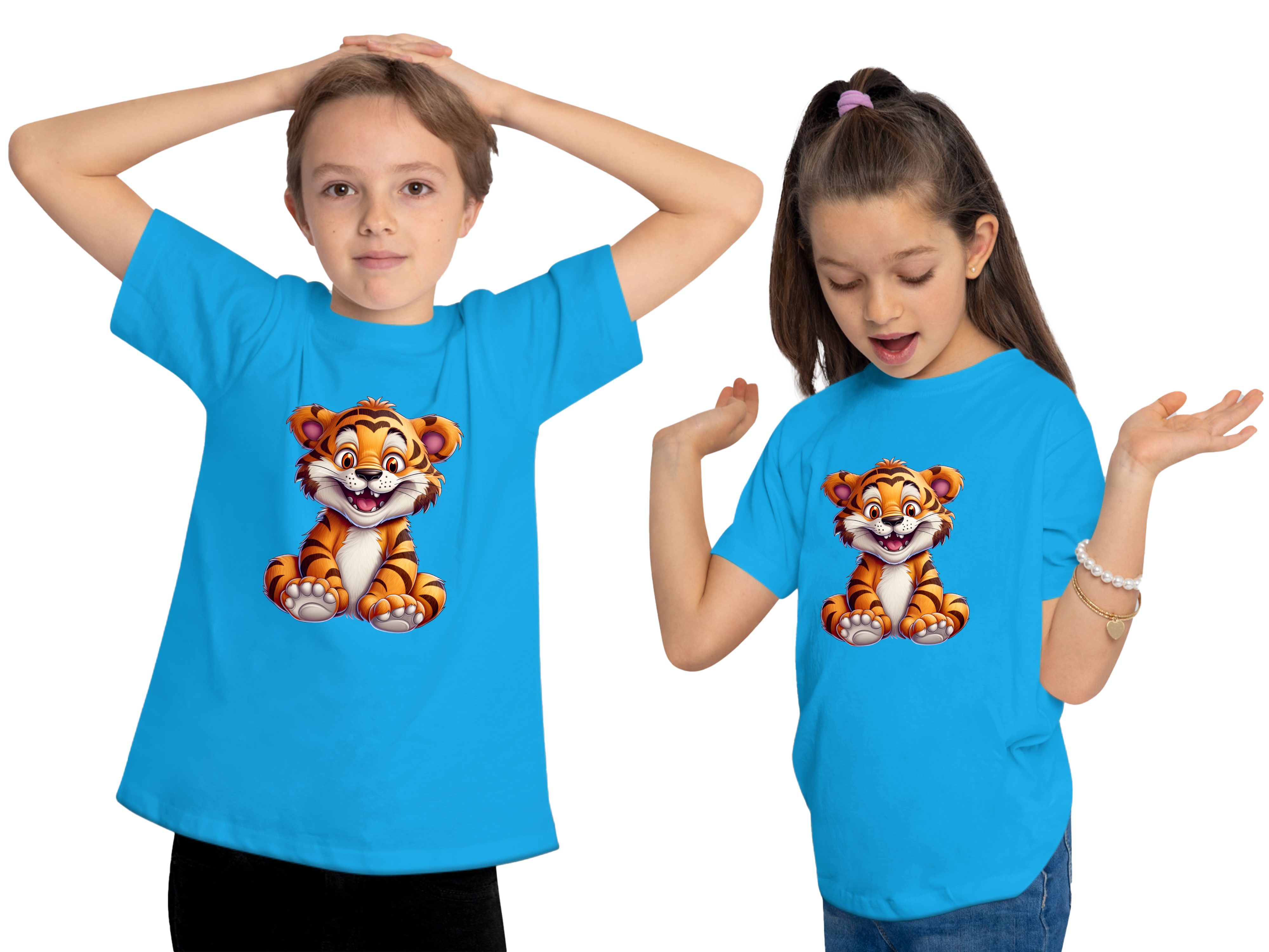 MyDesign24 T-Shirt Kinder Wildtier Print Aufdruck, - bedruckt Baumwollshirt Baby blau mit i278 Tiger Shirt aqua
