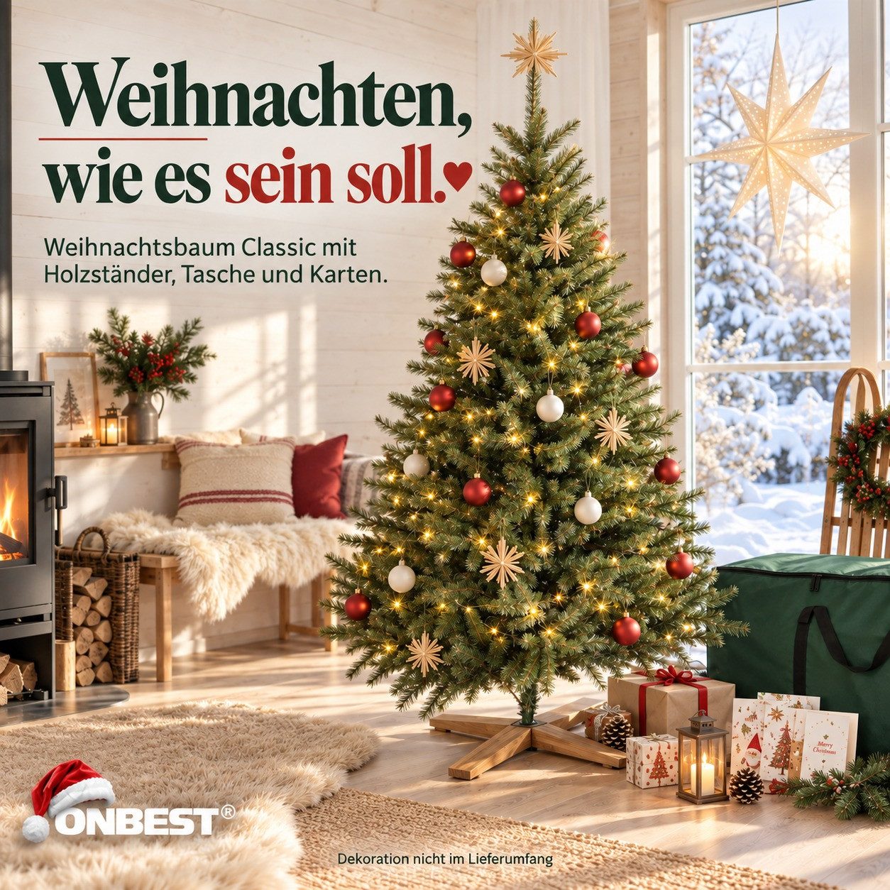 Onbest Künstlicher Weihnachtsbaum Premium wie echt 180cm, 220cm, mit Holzständer, Naturgetreu und Dicht, Nordmann-Tannenbaum, schwer entflammbar – Bild 2 von 5