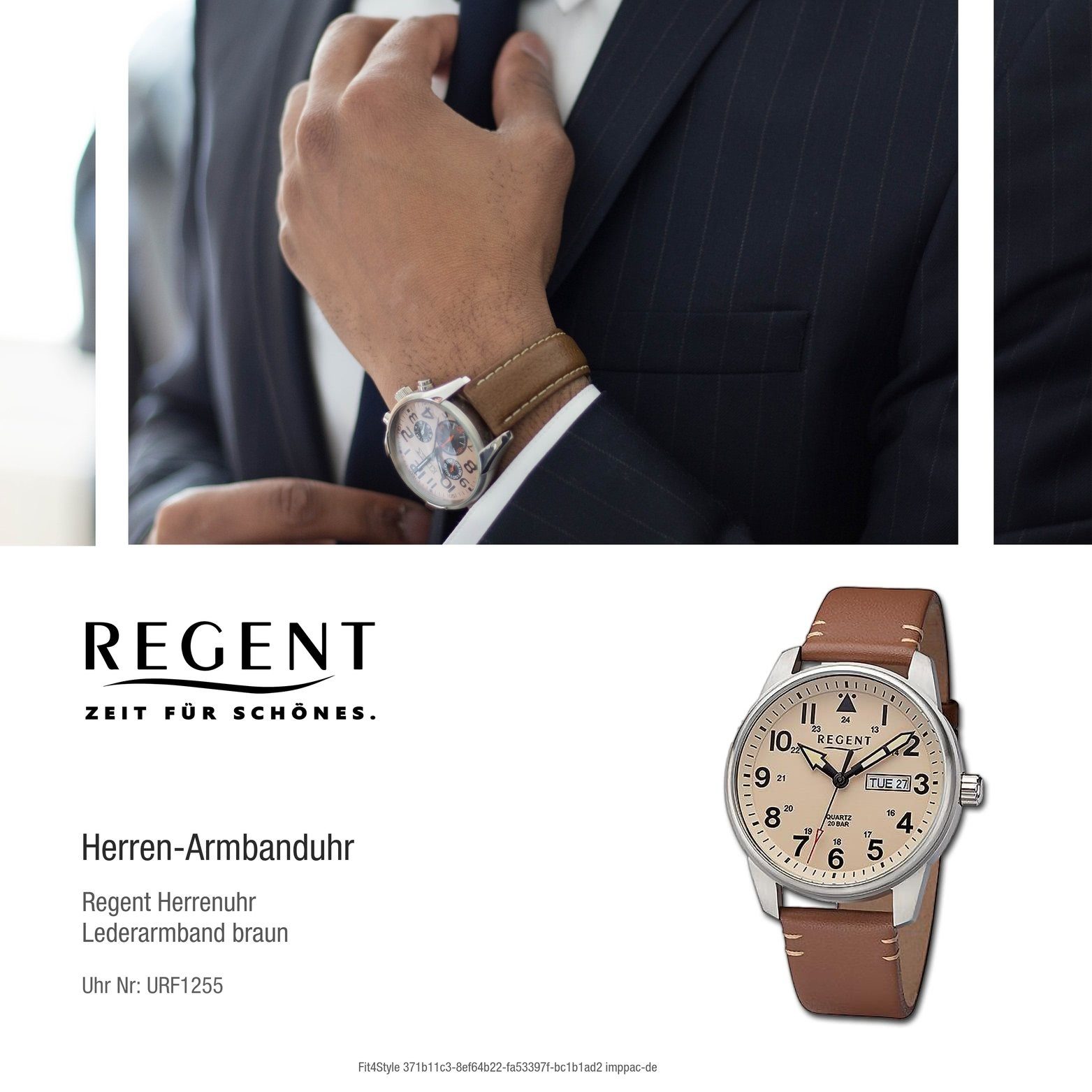 Regent Armbanduhr rundes Regent groß Herren Quarzuhr (40,5mm) hellbraun, Herrenuhr Analog, Gehäuse, braun, Lederarmband