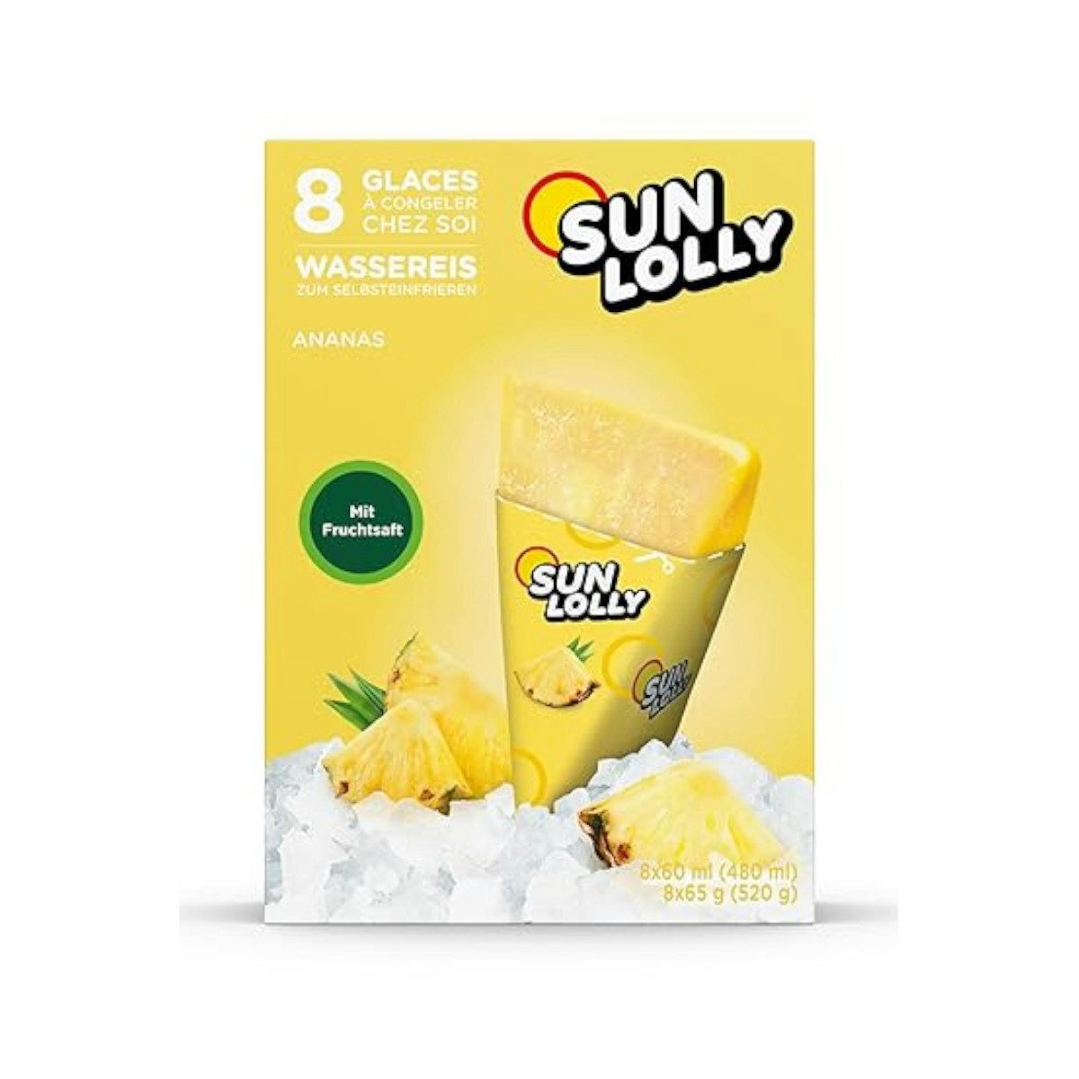 SUN LOLLY Süßigkeit, Sun Lolly Ananas Wassereis 8x60ml zum Selbsteinfrieren Packung 480ml