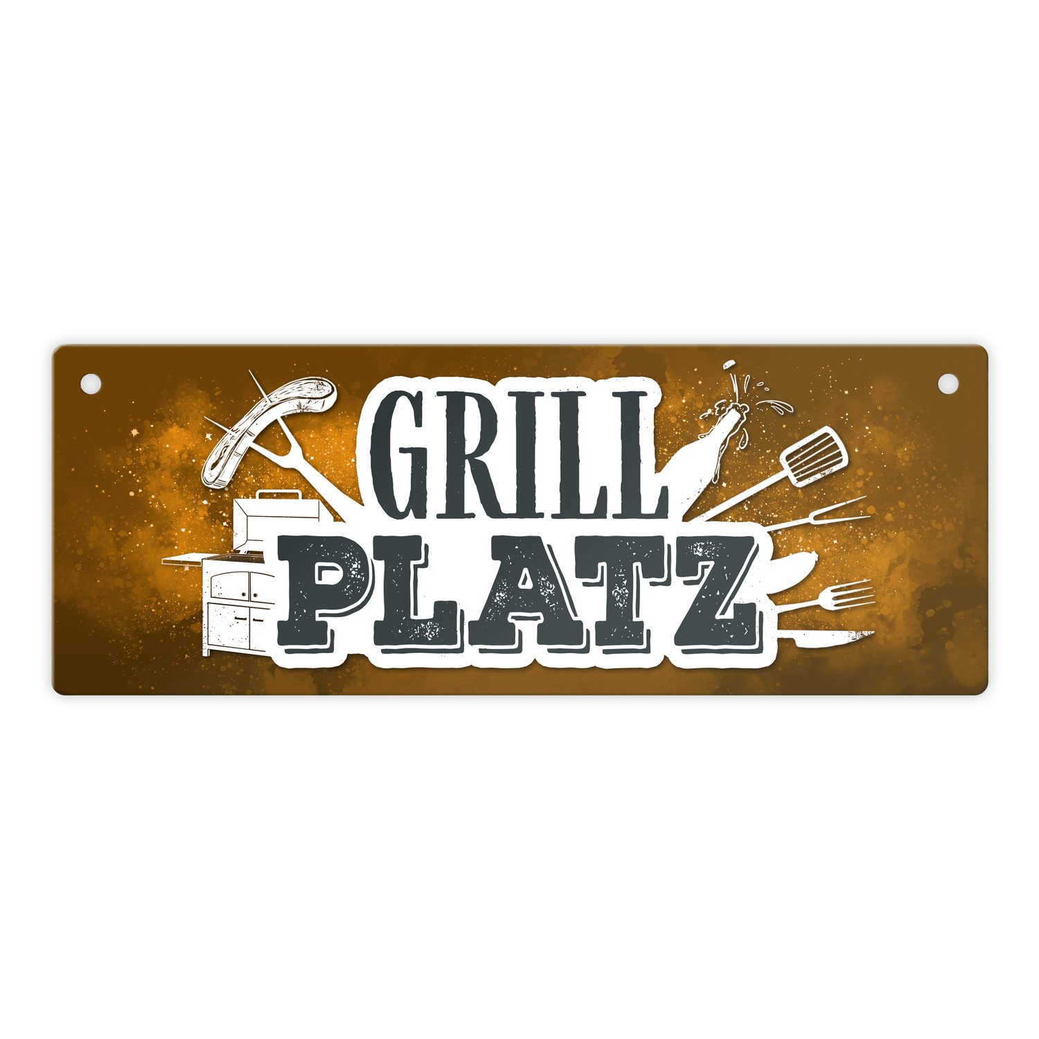 Metallschild Grillplatz Metallschild in orange Fleisch Wurst grillen Grill Bier
