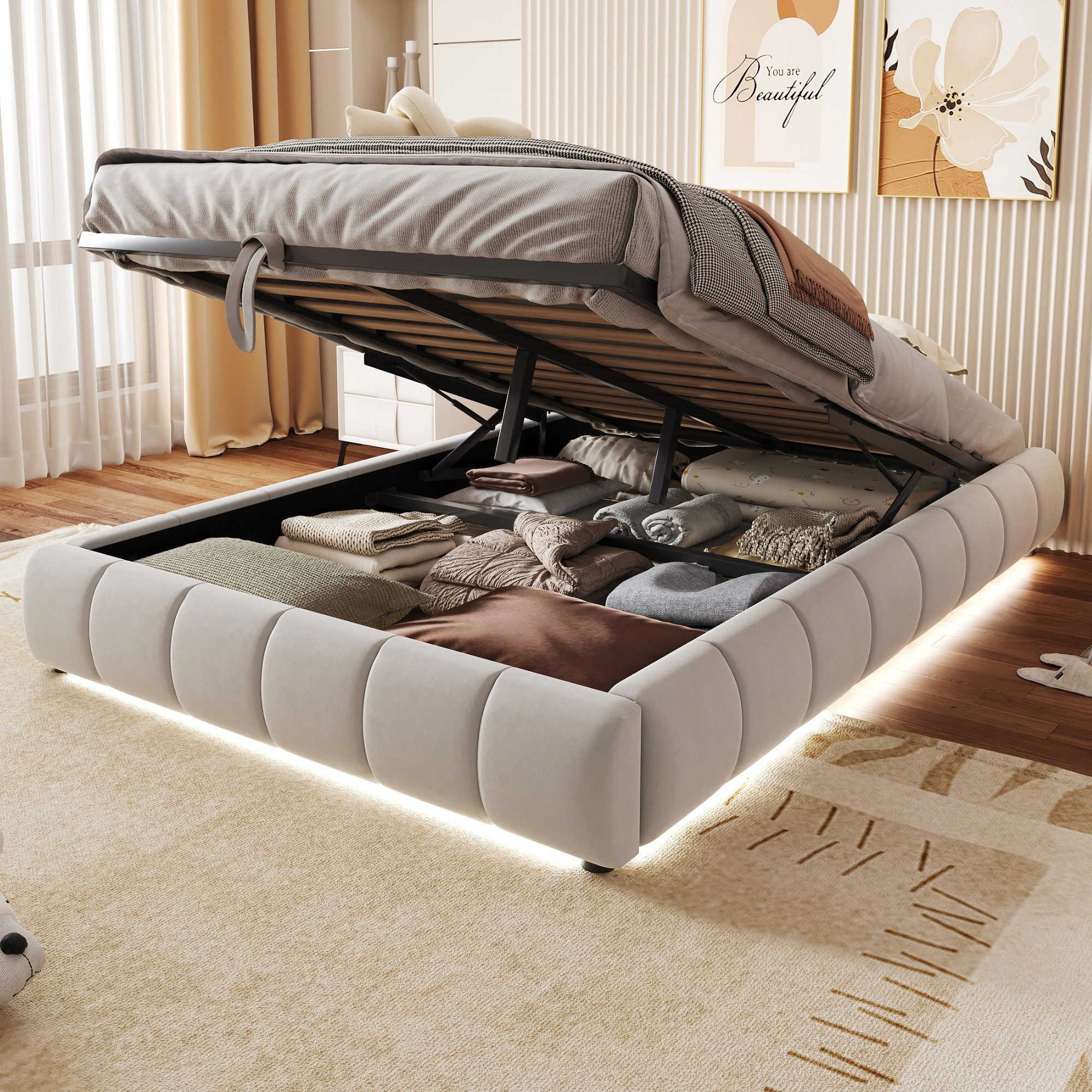 STILVORA Polsterbett 140x200 Doppelbett mit LED&Stauraum,Jugendbett günstig online kaufen