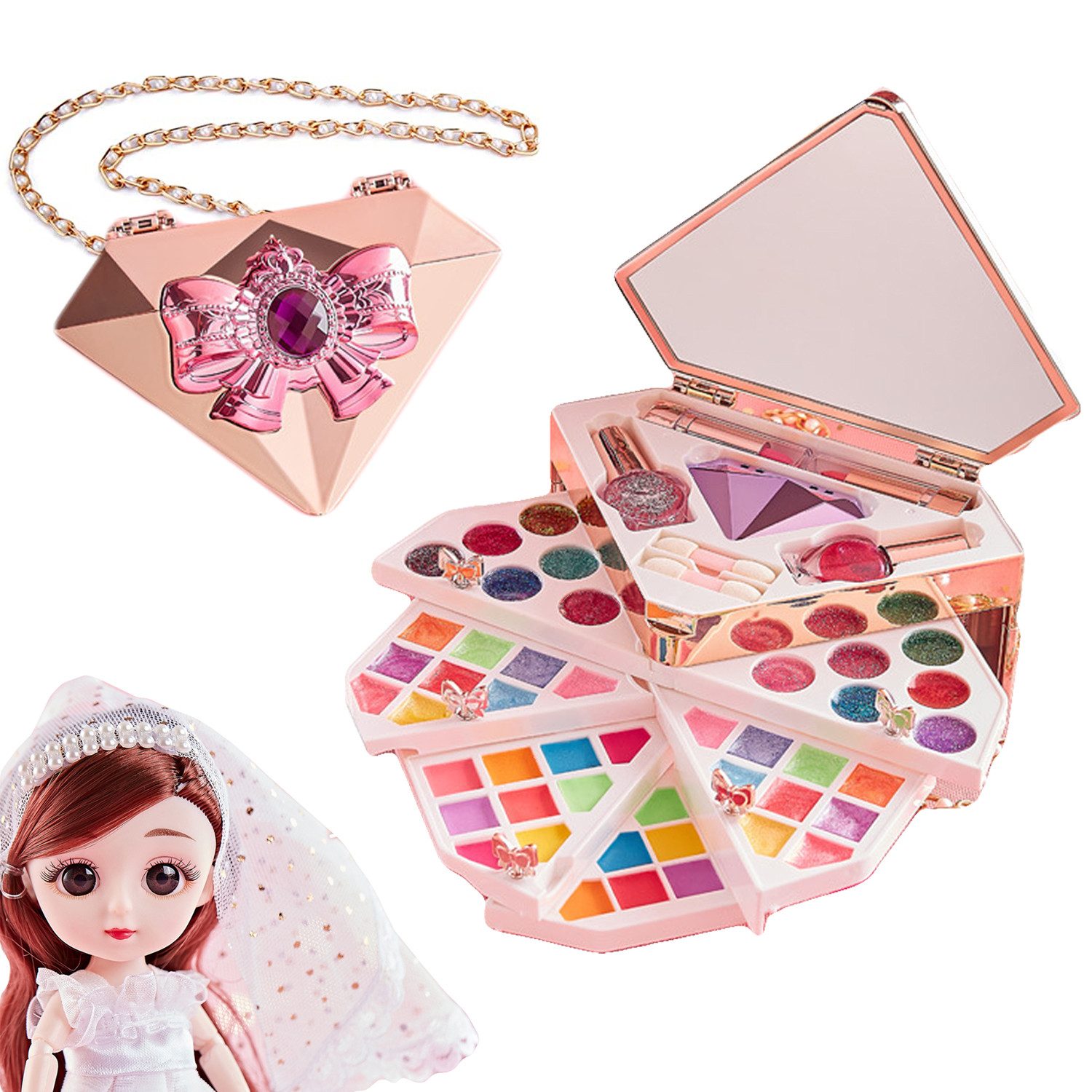 KINSI Kosmetik-Kassette Kinder Schminkkoffer, Diamant Kosmetikset, Kinderschmink Set, Kinder Prinzessin Kosmetikset, Mädchen Rollenspiel Spielzeug