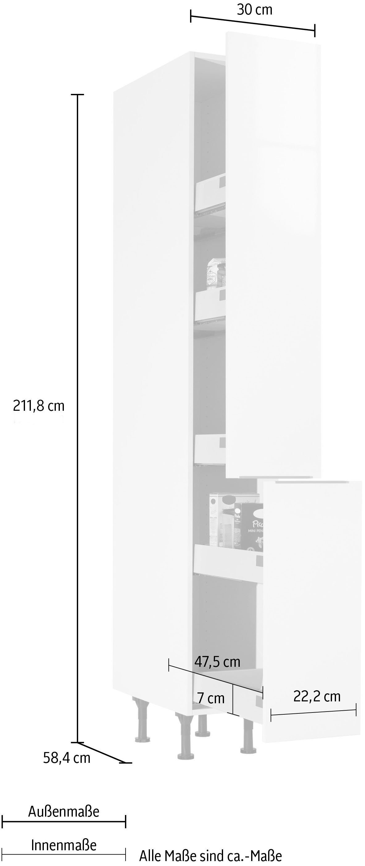 30 Glanz Soft-Close-Funktion, Apothekerschrank mit Tara OPTIFIT weiß Ablagen, 5 2 | und weiß cm Breite Vollauszügen