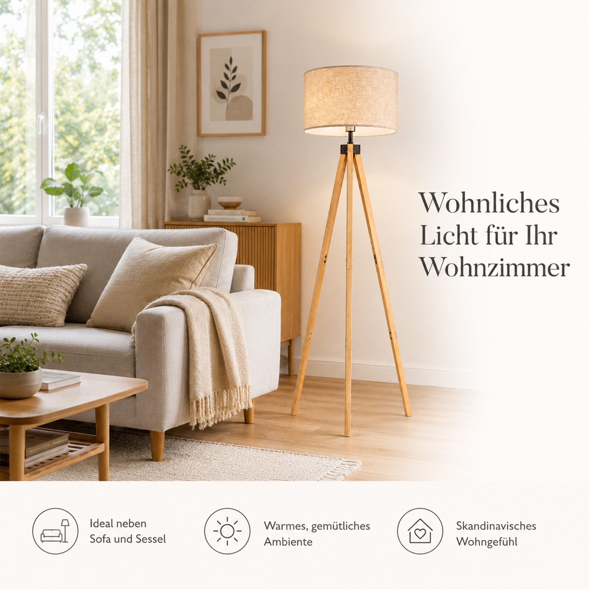 Fyrove Stehlampe wohnzimmer Leselampe Stehleuchte Stativ aus Holz, E27 LED Stehlampe, (Gluhbirne nicht enthalten), fur wohnzimmer Leselampe Schlafzimmer,Buro Arbeitslampe, Wohnzimmerleuchte,Skandinavischer