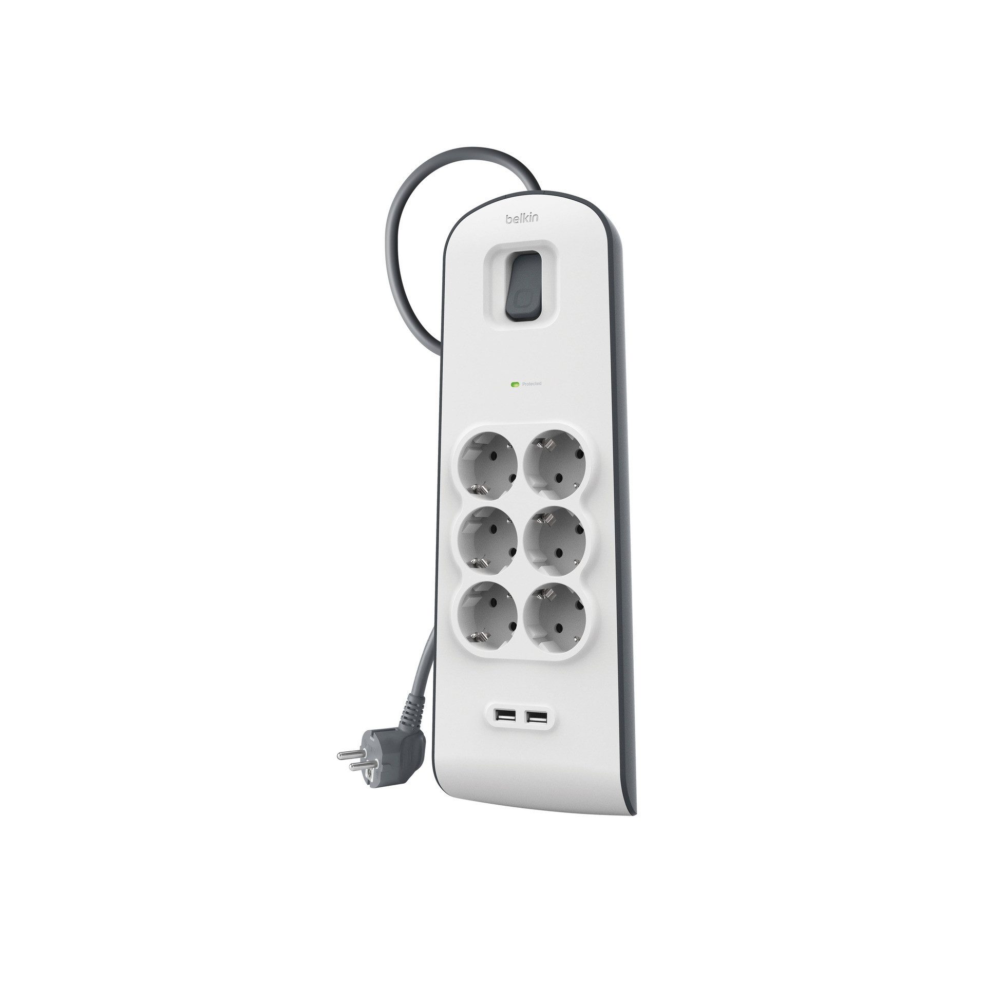 Belkin 6fach-Steckdosenleiste mit Überspannungsschutz, 2-m-Kabel und USB-A Steckdosenleiste 6-fach (Ein- / Ausschalter, Überspannungsschutz, Kabellänge 2 m), 2 USB-Anschlüsse mit maximal 2,4 A