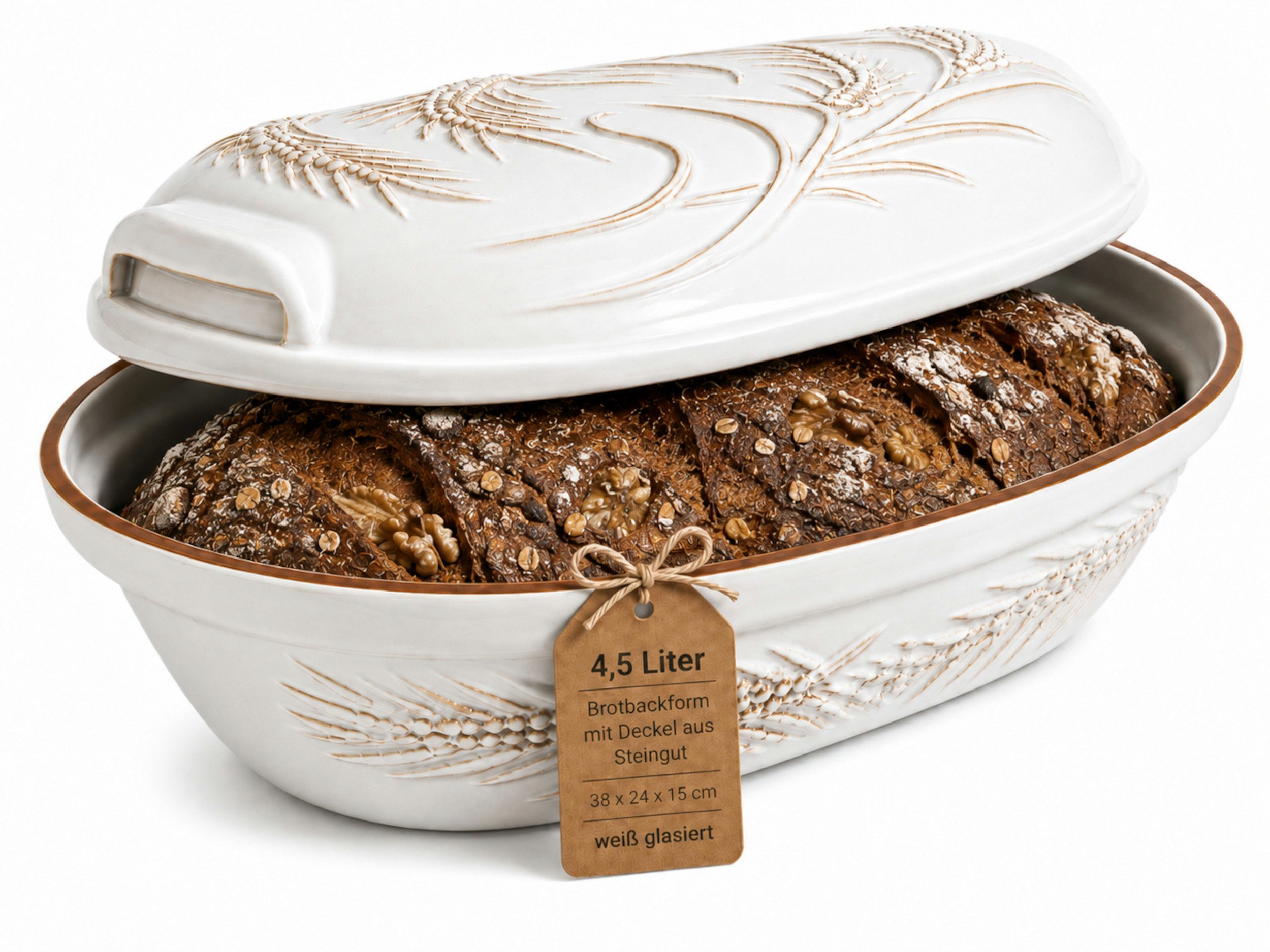 KERAZO Brotbackform 4,5L Keramik Bräter mit Deckel Brottopf Auflaufform 38x24x15 cm, weiß, Mit dekorativem Getreidemuster auf Deckel und Unterteil
