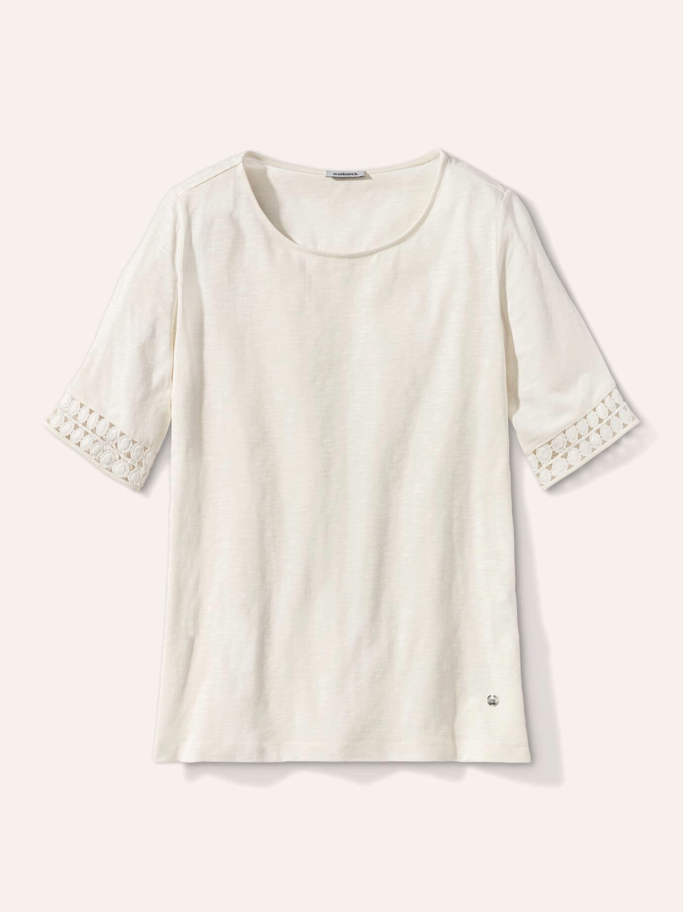 Walbusch T-Shirt Damen Baumwollshirt Dekospitze T-Shirt Rundhals Kurzarm Regular-Fit Strukturiertes Flammengarn, atmungsaktiv & pflegeleicht