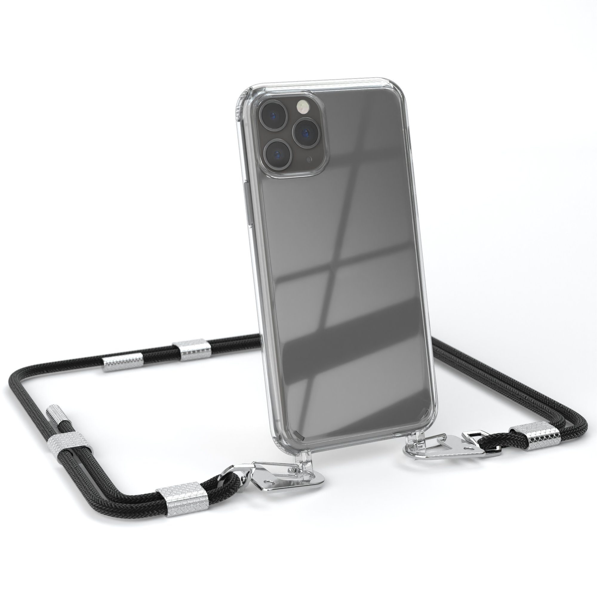 EAZY CASE Handykette Silikonhülle mit Kette für Apple iPhone 11 Pro 5,8 Zoll, Ketten Hülle Transparent Case Kettenhülle abnehmbare Kordel Schwarz