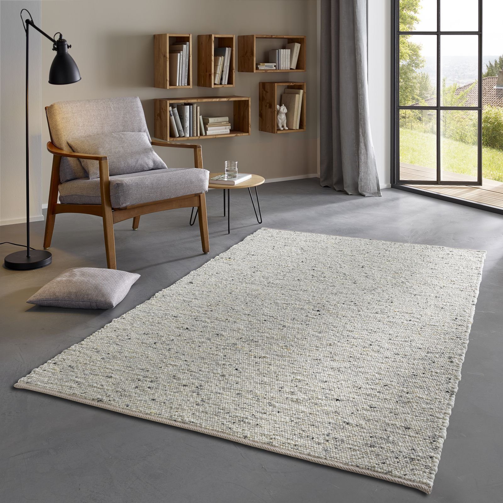 Handweb Teppich Athen 100 % Schurwolle gewalkt natur Wohnzimmer Schlafzimmer 
