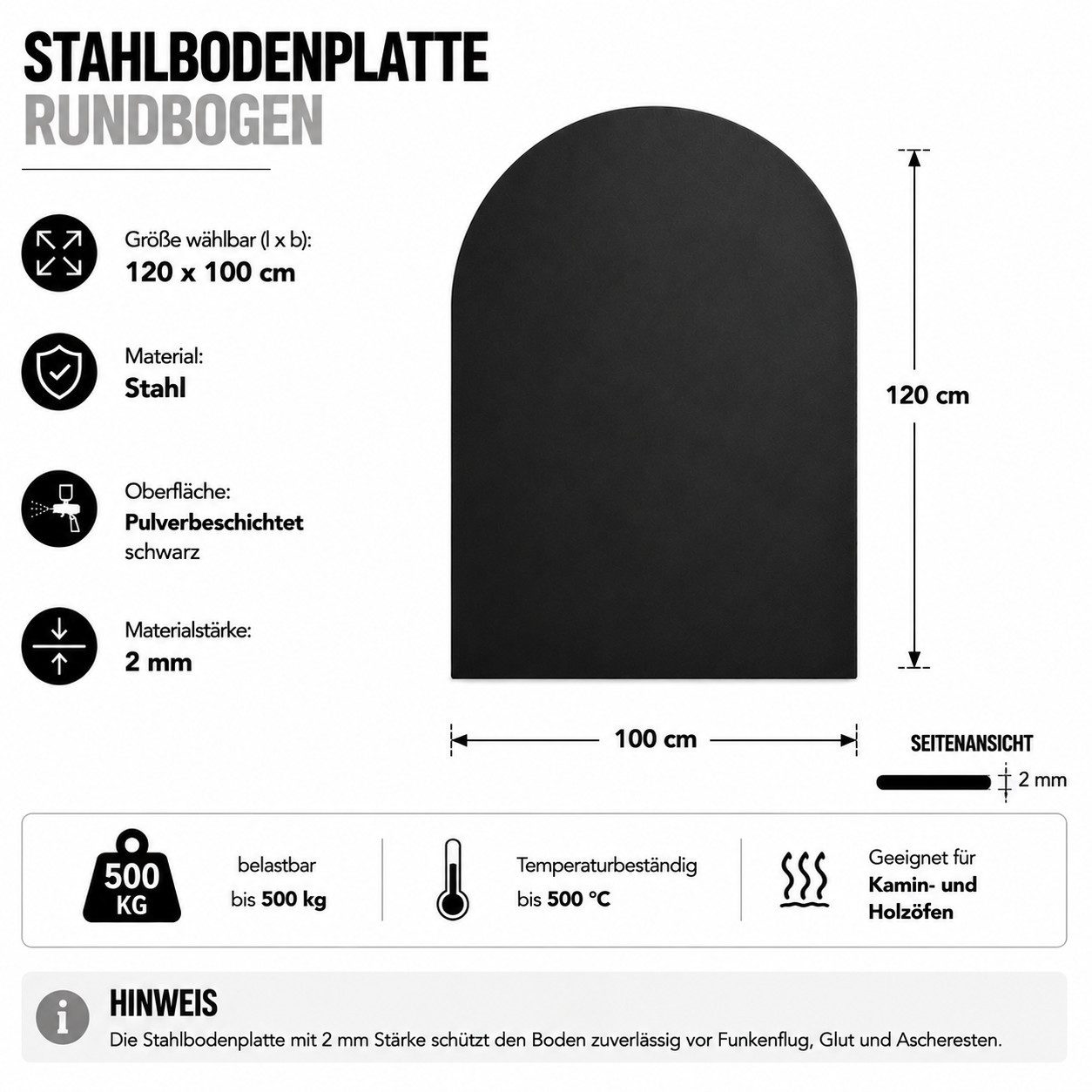 Hanseatic Bodenschutzplatte für Kaminöfen Halbrund 100 Stahl, 1-St., Stahl-Halbrund, 100 x 120 cm, 2mm Stärke, schwarz, zum Funkenschutz – Bild 2 von 4
