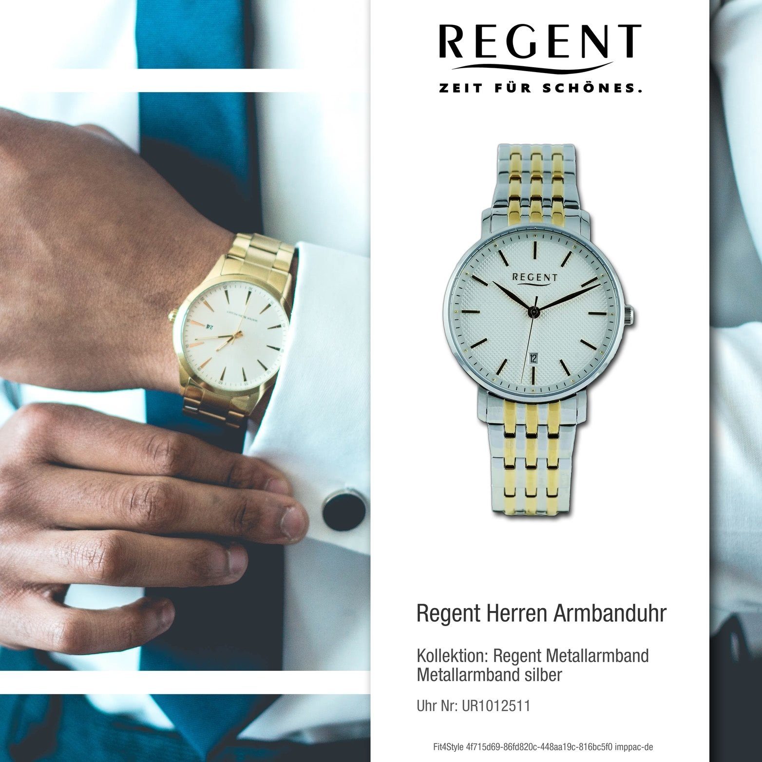 Regent Quarzuhr 39mm) silber, Herren Herrenuhr Analog, rundes Gehäuse, Metallarmband Regent (ca. Armbanduhr gold, groß