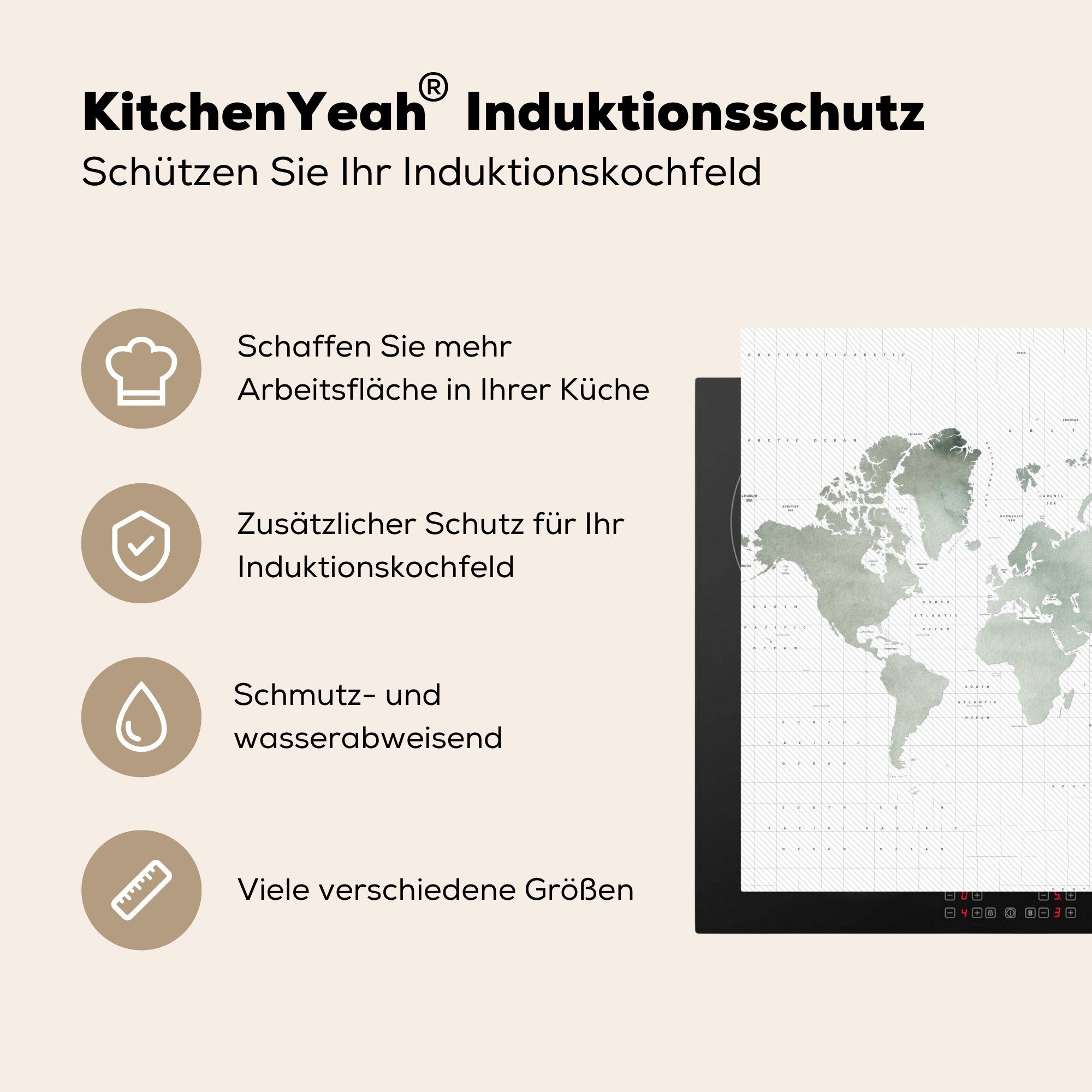 tlg), küche - Weltkarte - für Grau (1 Herdblende-/Abdeckplatte Ceranfeldabdeckung, Arbeitsplatte cm, Aquarell, Vinyl, 78x78 MuchoWow