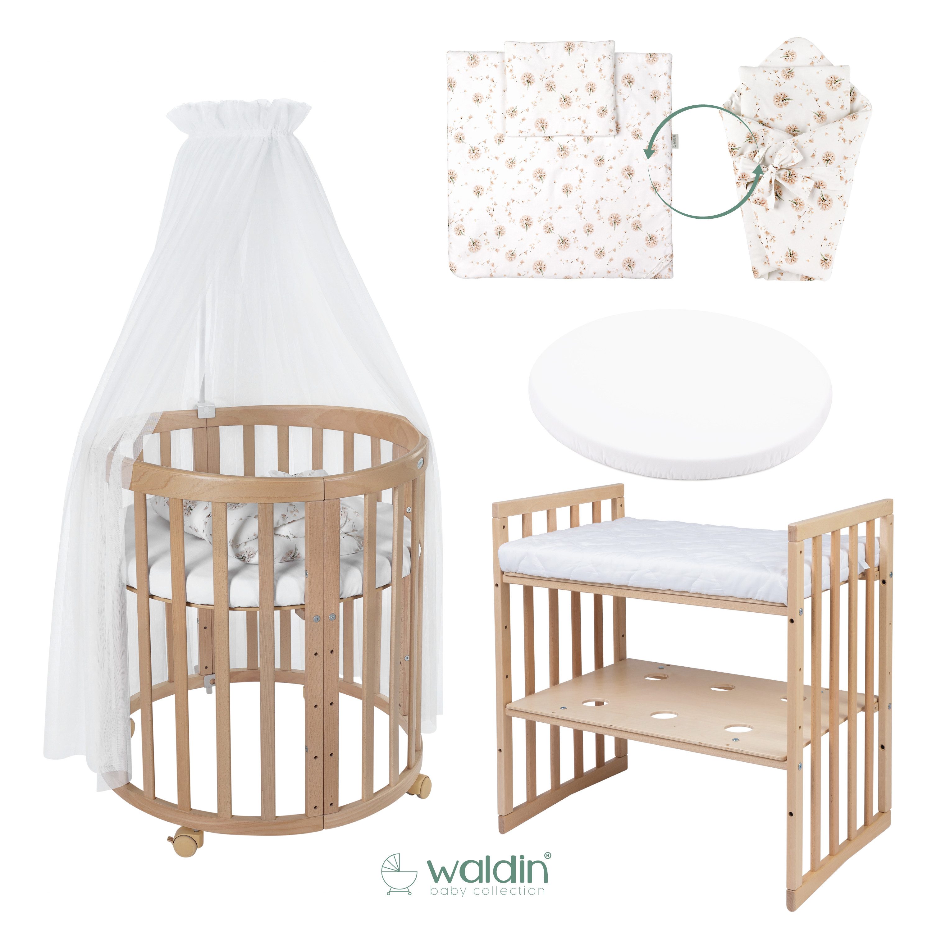 Waldin Babybett Mobiles Babybett OWAL aus Holz 7in1 mit Matratze, mitwachse günstig online kaufen