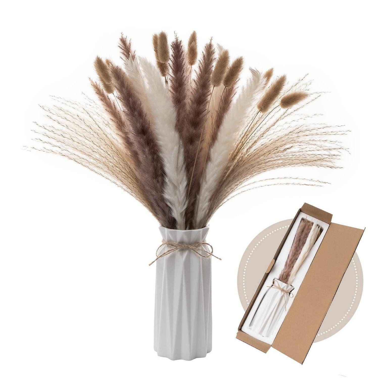 Trockenblume Getrocknete Blumenstrauß mit Vase Beige, LuxusKollektion, Höhe 18 cm