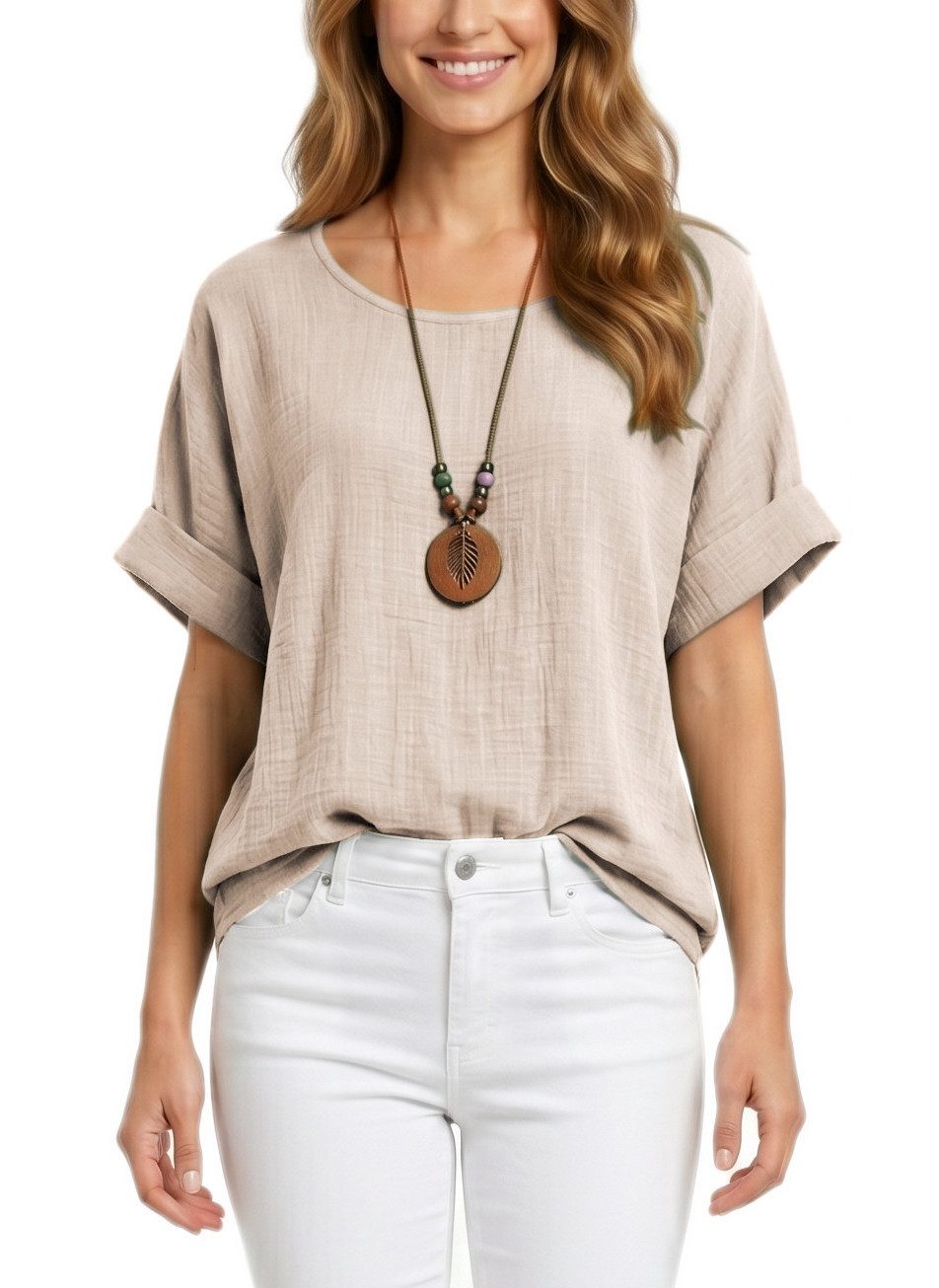 dy_mode Kurzarmbluse Damen Kurzarm Bluse Leichte Sommer Tunika Baumwollbluse Oberteil in Unifarbe, mit passende Kette
