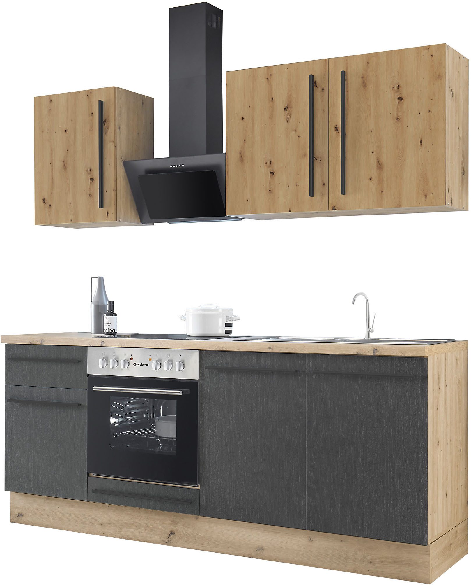KOCHSTATION Küchenzeile KS-Florida mit 38mm starker Arbeitsplatte, Breite 210 cm, wahlweise mit E-Geräten, mit Soft-Close-Funktion