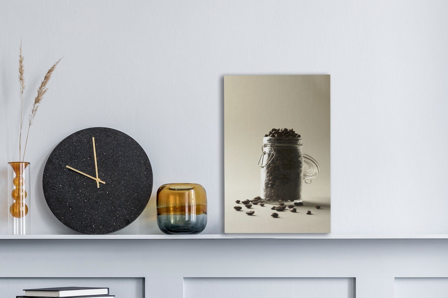 OneMillionCanvasses® Leinwandbild Kanne mit Gemälde, Kaffeebohnen, fertig Zackenaufhänger, (1 cm 20x30 bespannt inkl. Leinwandbild St)