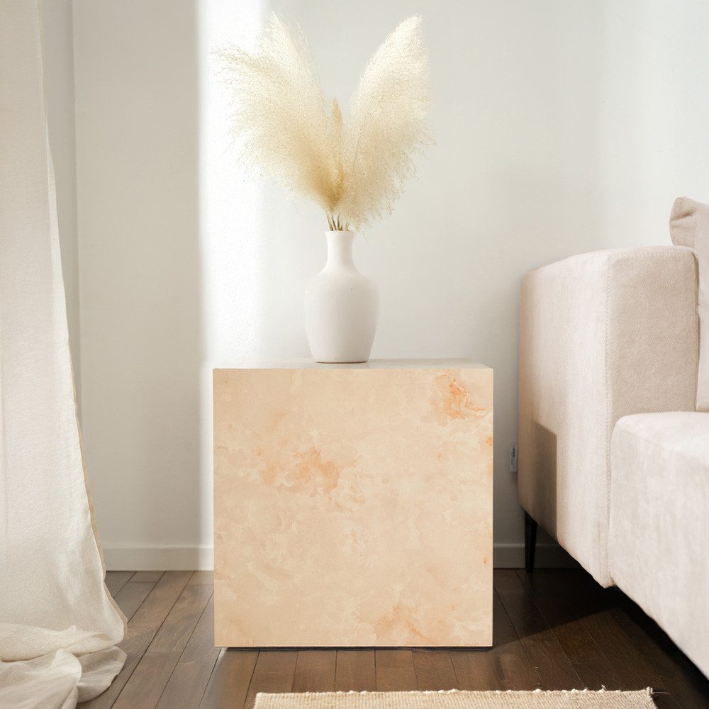 HOME DELUXE Couchtisch SELY - 50 x 50 x 50 cm, Travertin-Effekt, Marmoroptik Beistelltisch, Japandi